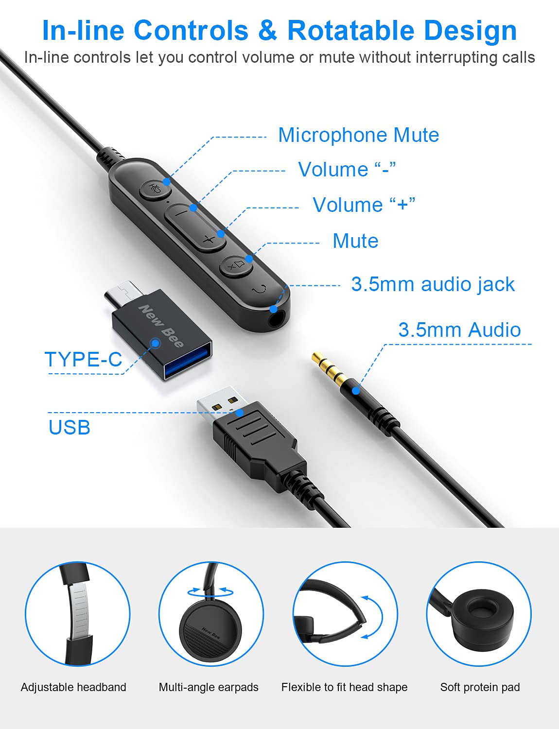 New Bee [2 Pack] Usb Headset Computer Headset In Line Call Controls Office Headset With Noise Cancelling Micphone Call Center Headset For Skype, Zoom, Laptop, Phone, Pc, Tablet, Home