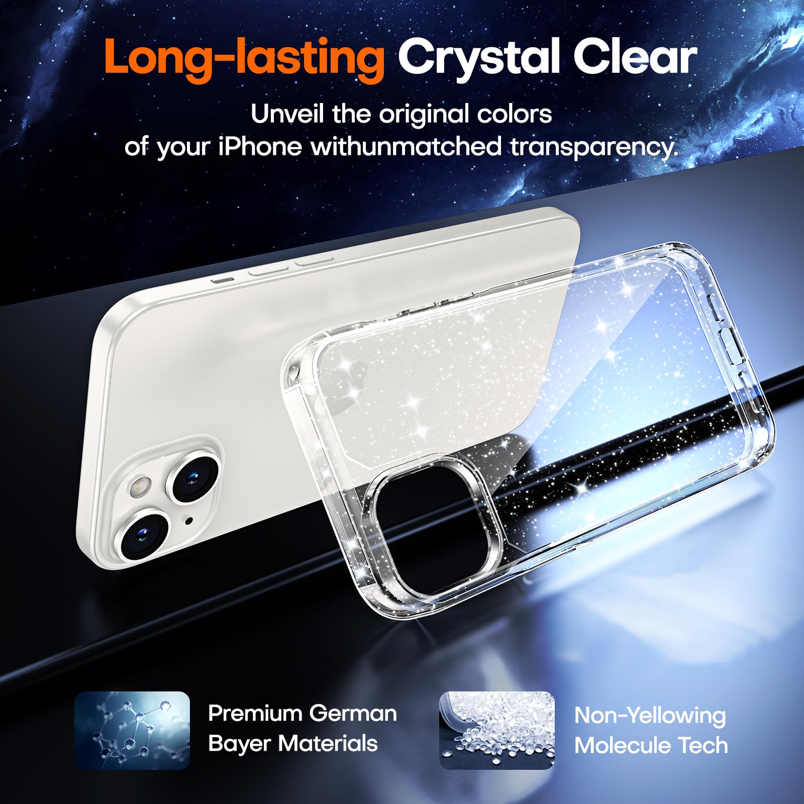 Tauri 3 In 1 For Iphone 14 Case Glitter, [Not Yellowing] With 2X Screen Protector, [Military Grade Drop Protection] Bling Cute S