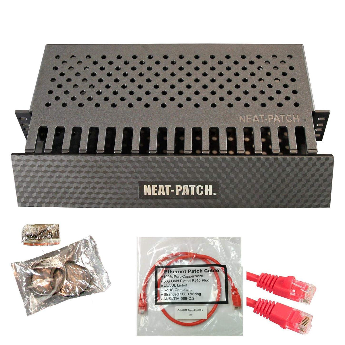 Neat Patch 2U Cable Management Kit   1 Pack W/ 48 Cat6 Patch Cables (2Ft Red)