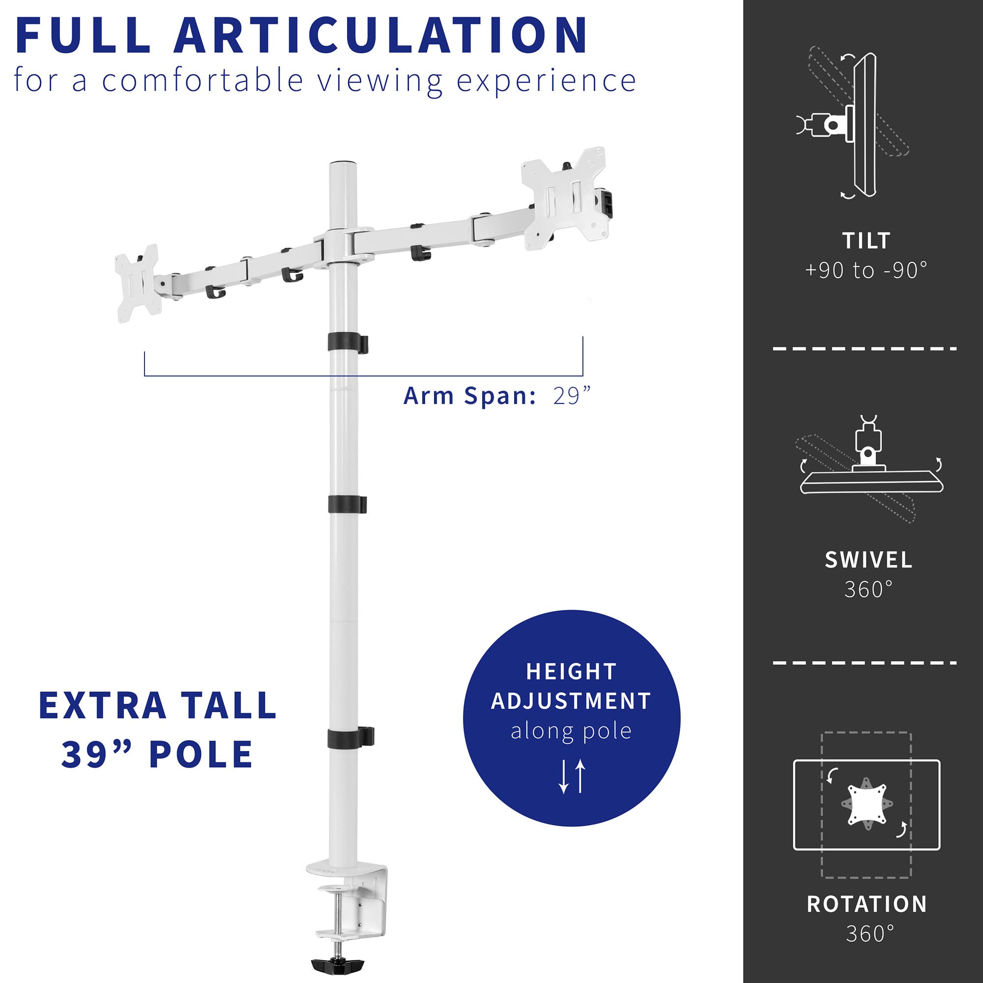 VIVO Dual Monitor Stand Up Desk Mount Extra Tall 39 inch Pole, Fully Adjustable Stand for up to 27 inch Screens, White, STAND V012W