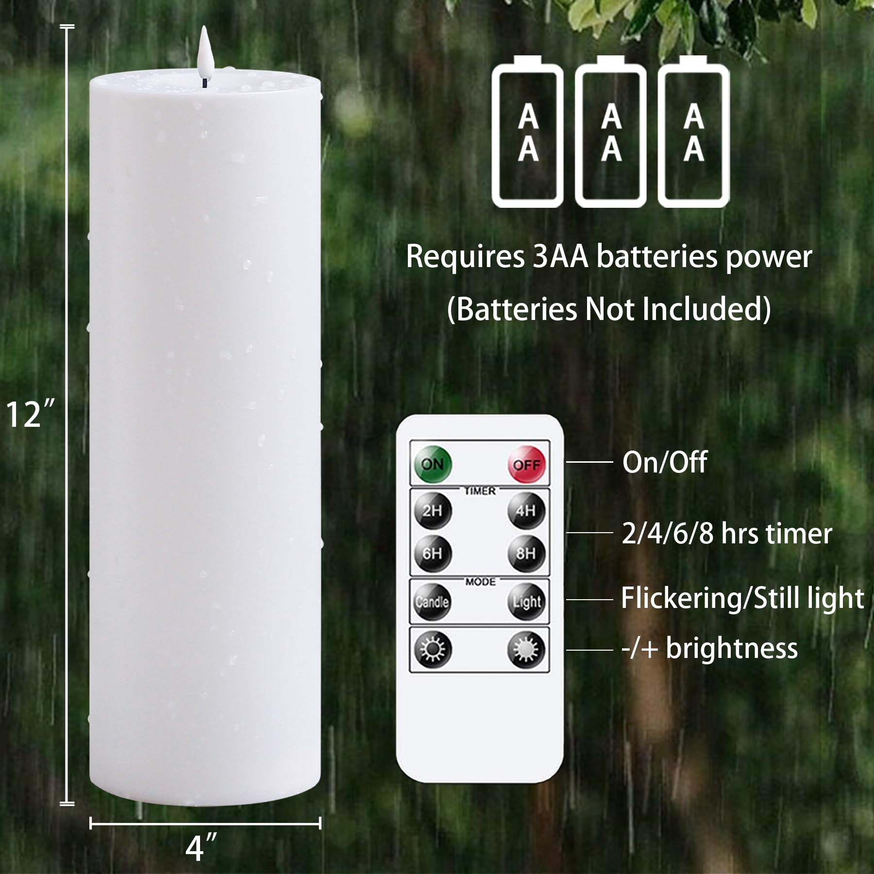 Zevanor 4'' X 12'' Flameless Led Waterproof Remote Pillar Candles, Timer Battery Operated Flickering Large Plastic White Outdoor