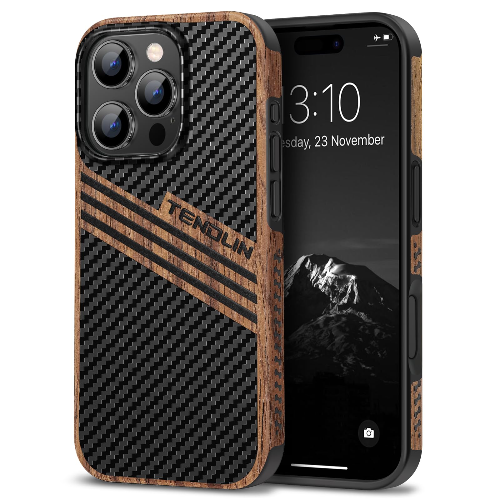 TENDLIN Compatible with iPhone 16 Pro Max Phone Case Wood Grain with Carbon Fiber Texture Design Leather Hybrid Slim Case (Three