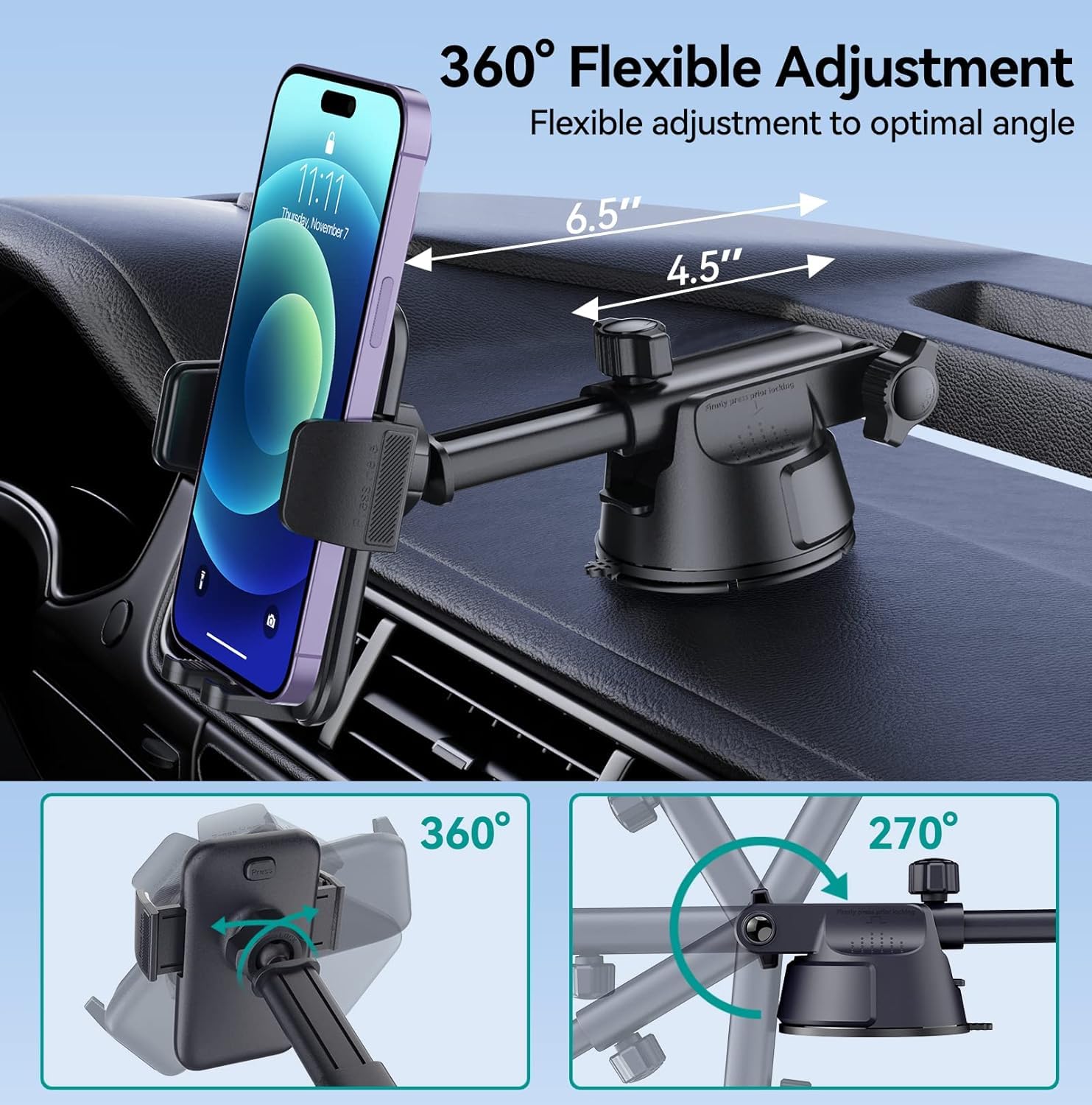 Dolyofg Car Phone Holder Mount, [Military Grade Suction & Super Sturdy Base] 3 In 1 Universal Phone Mount For Car Dashboard Wind