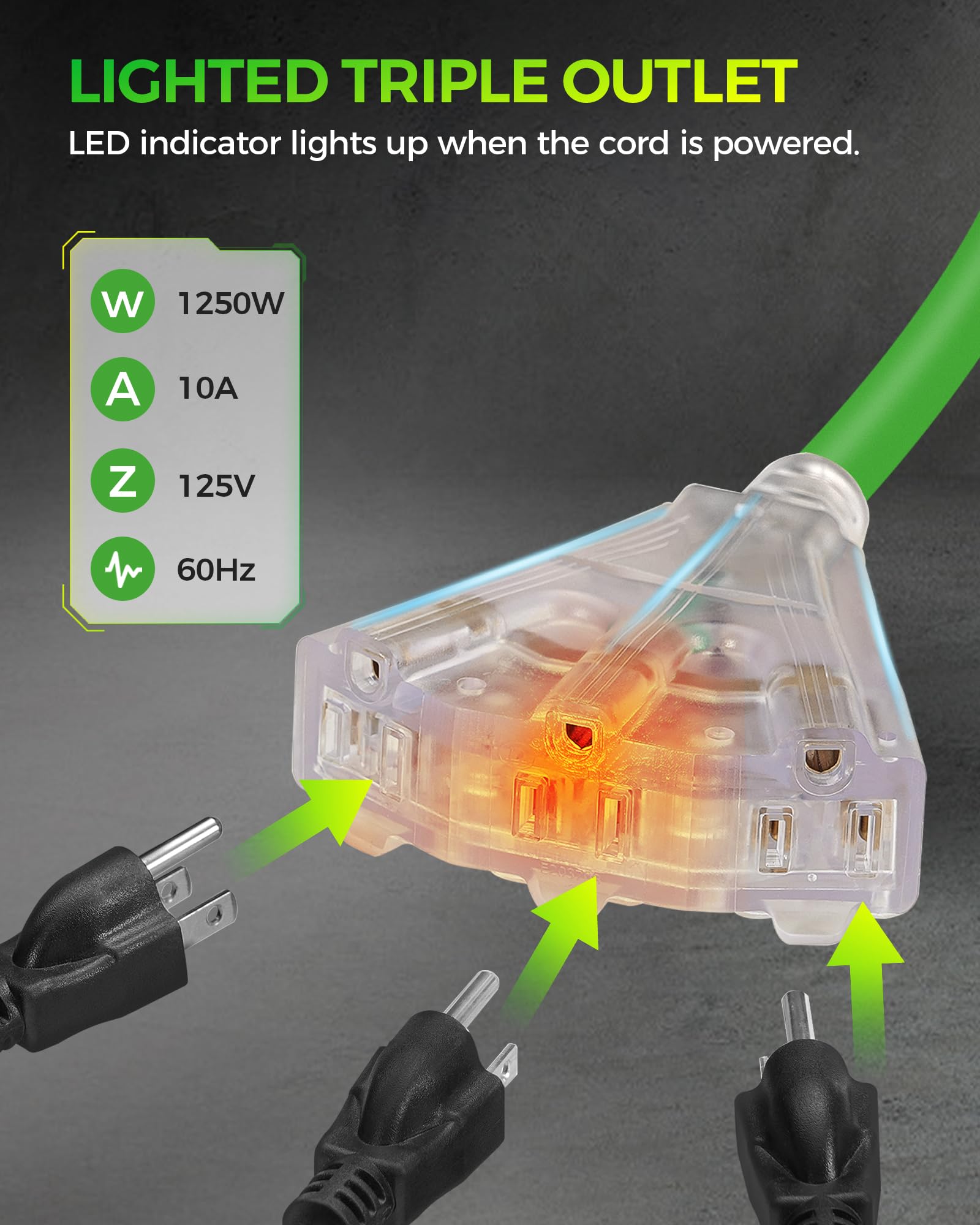 Wilawels Retractable Cord Reel, 75 Ft Heavy Duty Extension Cord, 14Awg/3C Sjtow, 3 Grounded Outlets Lighted Triple Tap, 10A Circ