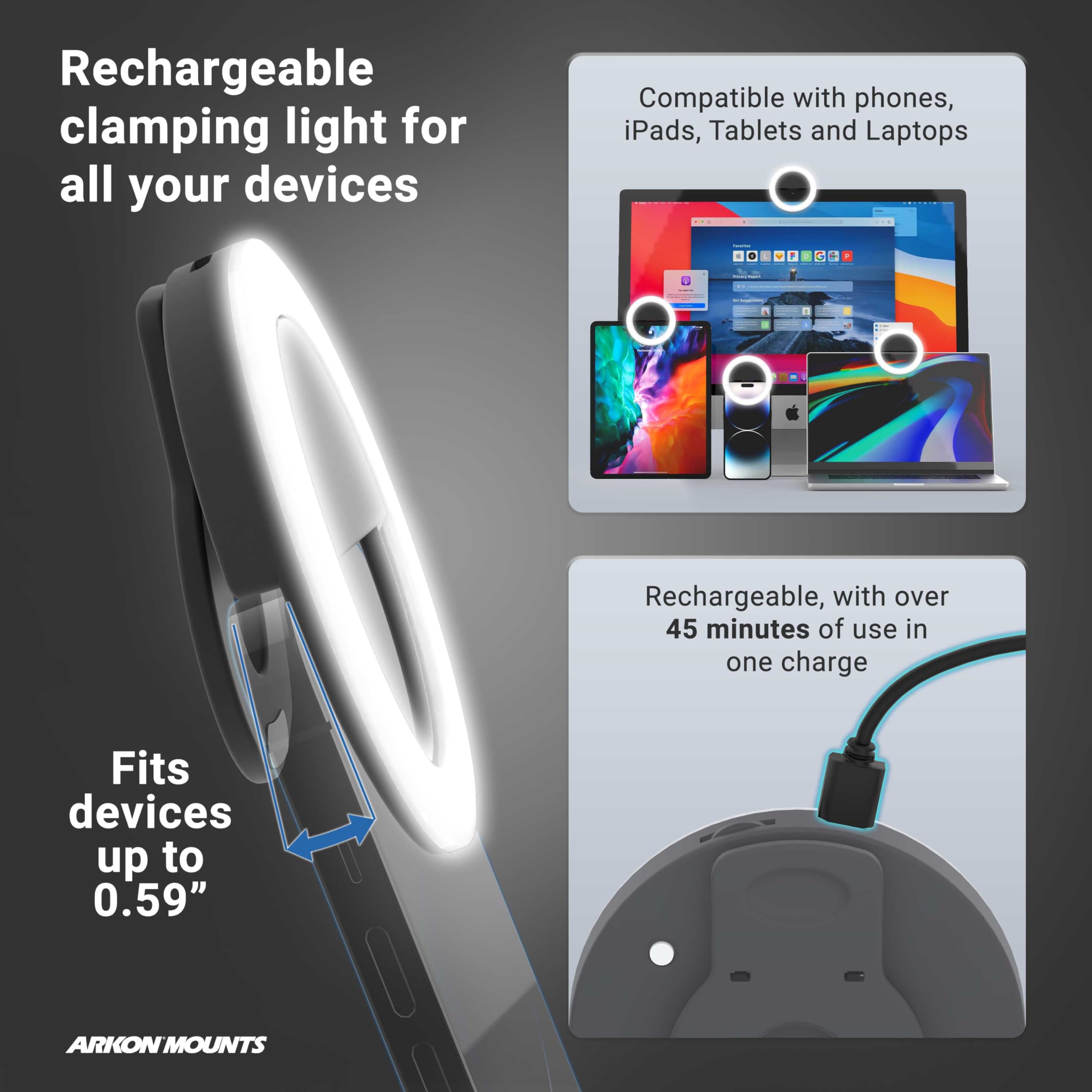 Arkon Mounts Spledring Rechargeable Led Clip On Selfie Ring Light For Live Streaming Video