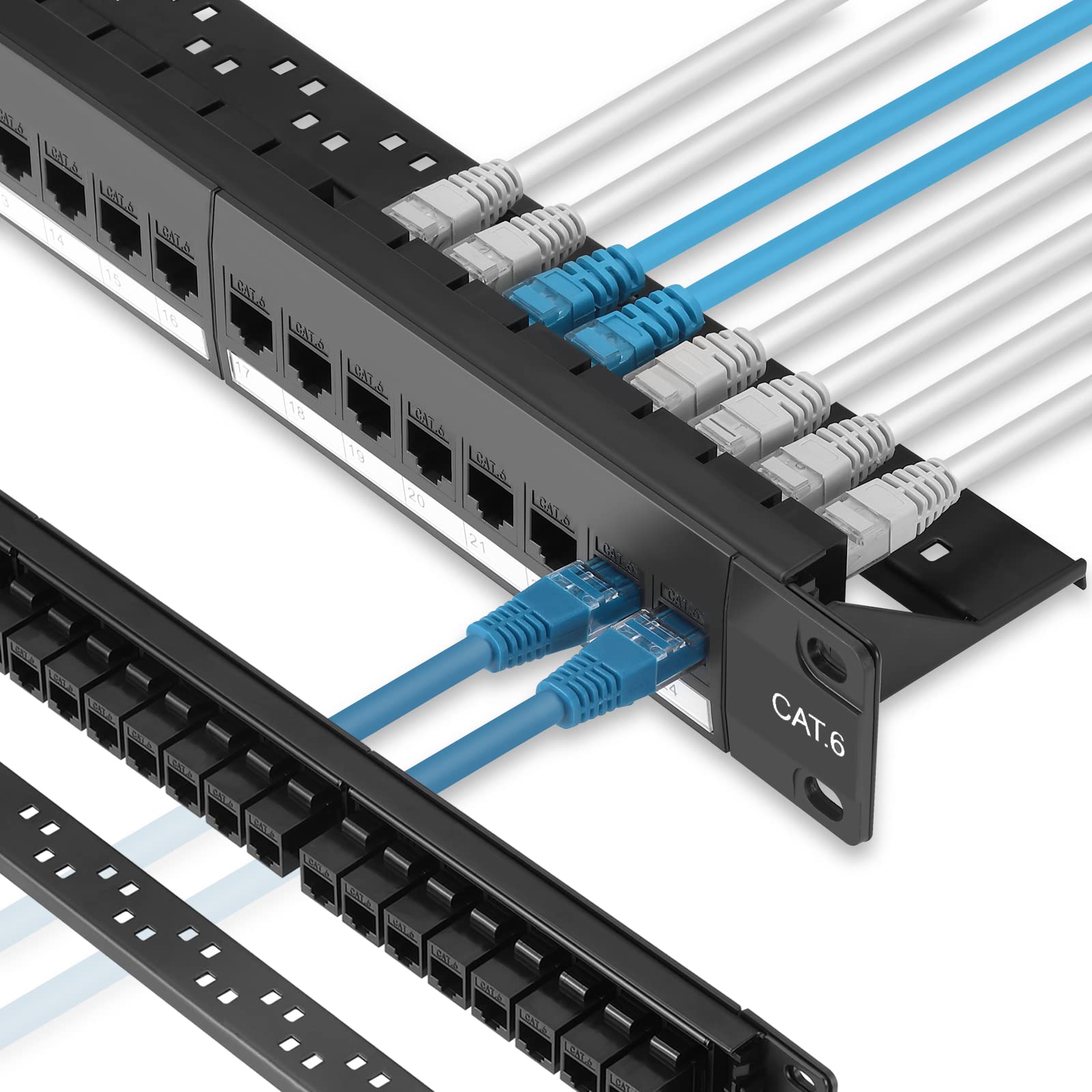 Rapink Patch Panel 24 Port Cat6 With Inline Keystone 10G Support, Pass Thru Coupler Utp 19 Inch With Removable Back Bar, 1U Netw