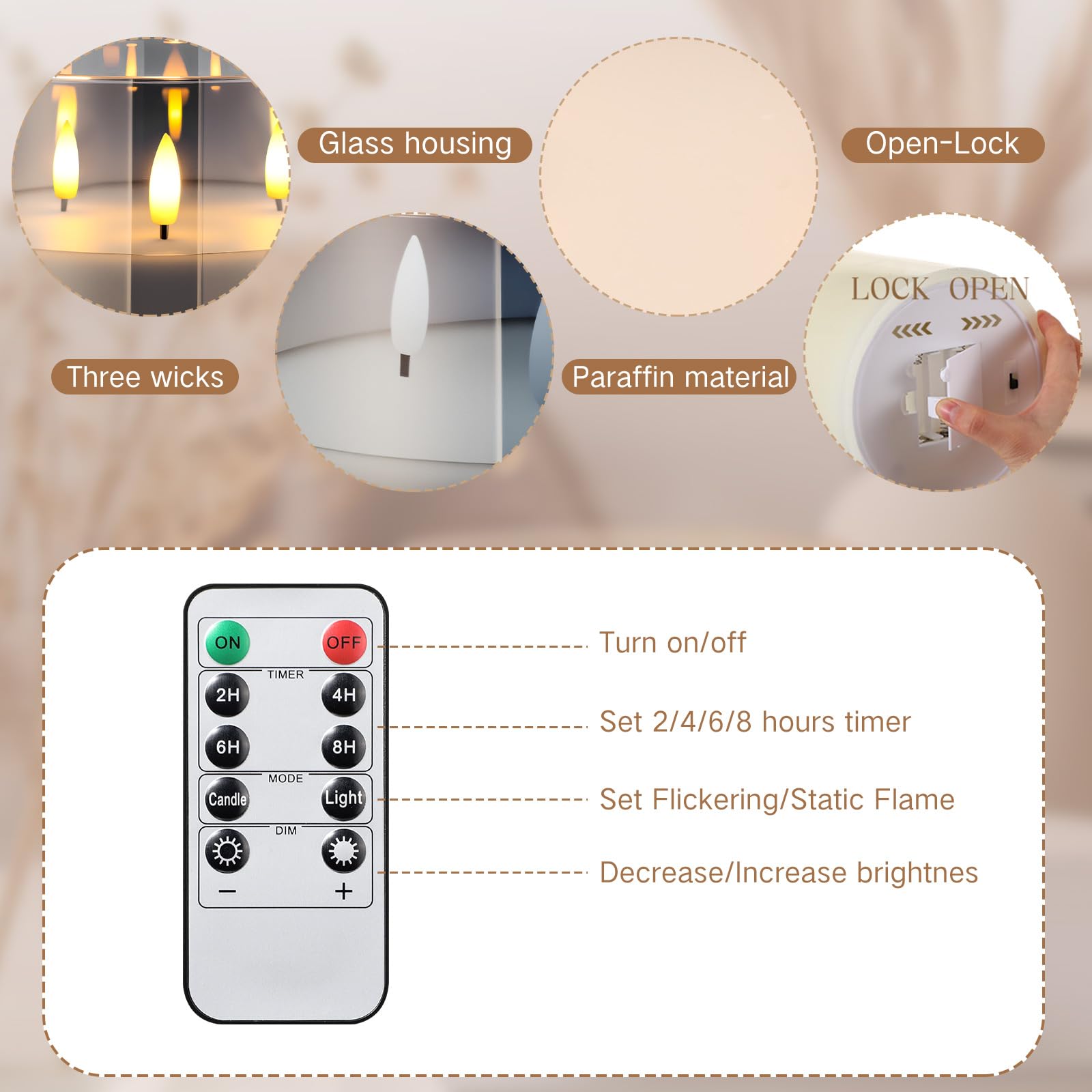 Retisee 1 Pcs 6 X 6 Extra Large Flameless Candles, 3 Wick Glass Large Candles With Remote Control And Timer Function, Real W