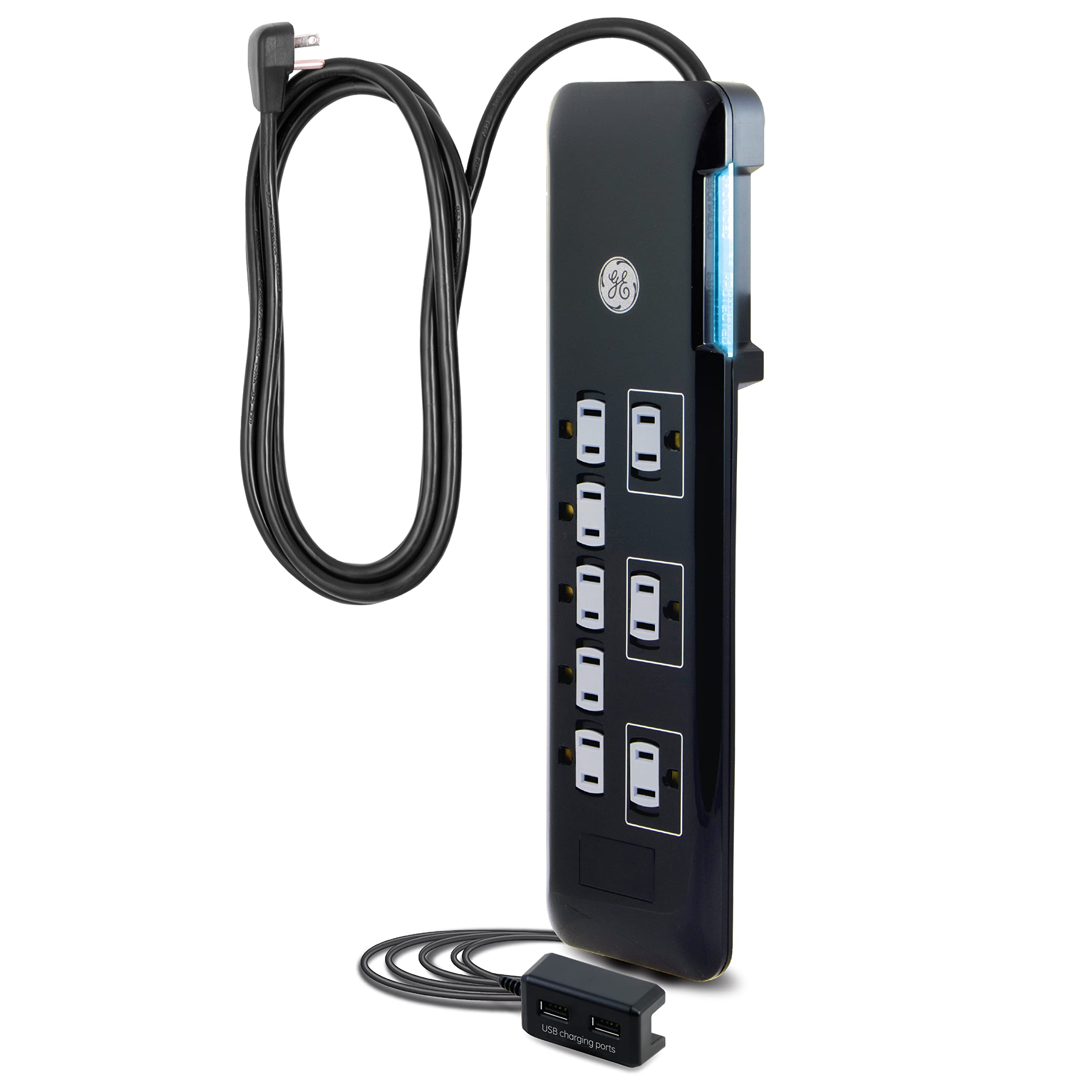 GE UltraPro 8 Outlet Surge Protector, Tethered 2 USB Ports, 4 Ft Power Cord, 2169 Joules, Flat Plug, Power Filter, Circuit Break