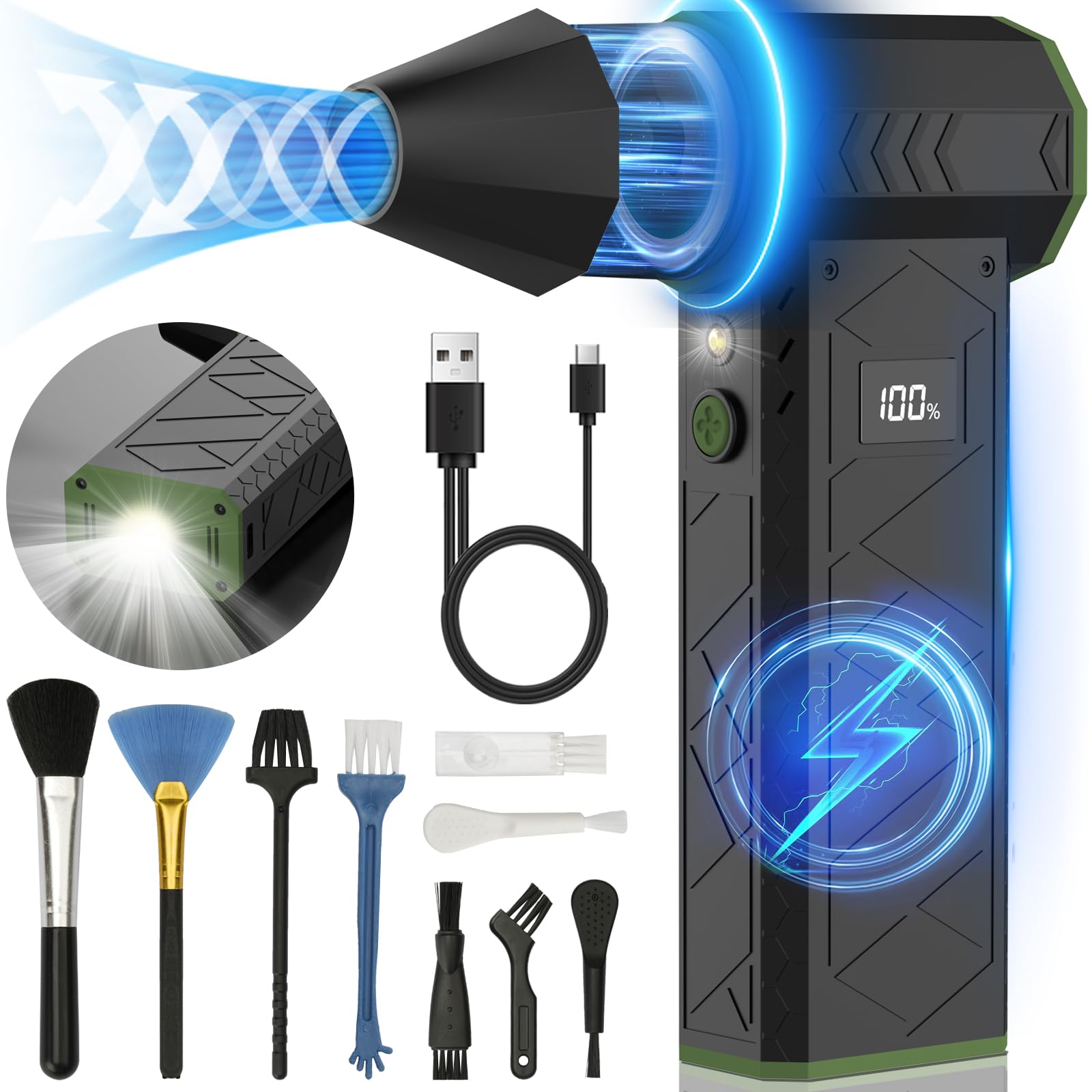 Compressed Air Duster with Flashlight, 180000RPM Electric Air Duster with 4 Gear, 10000mAh Rechargeable Air Blower with LED Ligh