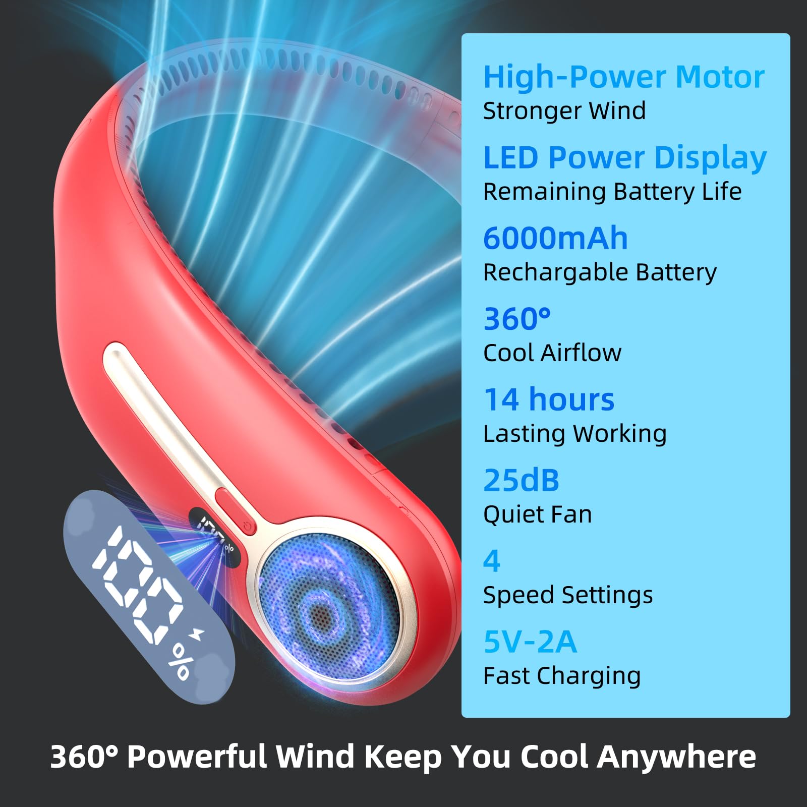 Portable Neck Fan,Hands Free Personal Wearable Bladeless Fan,6000Mah Usb Rechargeable,360 Cooling,Led Display,4-Speeds,Birthday