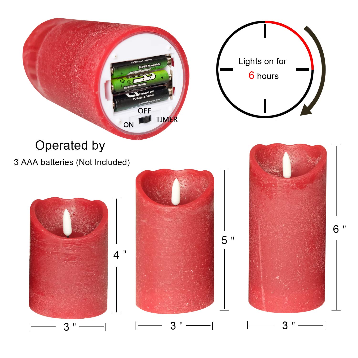 Eldnacele Red Wax Flameless Flickering Candles With 6H Timer, 3D Wick Realistic Battery Operated Pillar Led Candles Set Of 3 For