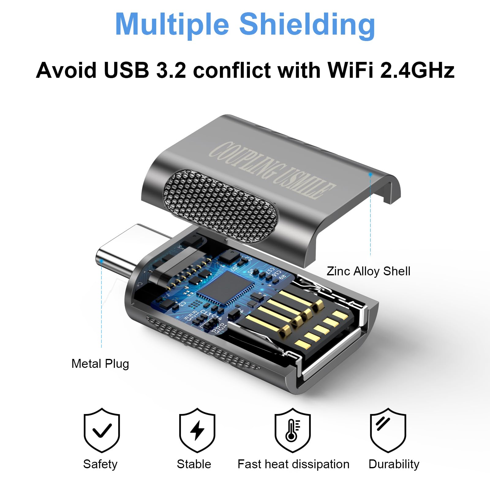 COUPLING USMILE USB C to USB A Adapter 2 Pack 10Gbps High-Speed OTG Zinc Alloy Silver