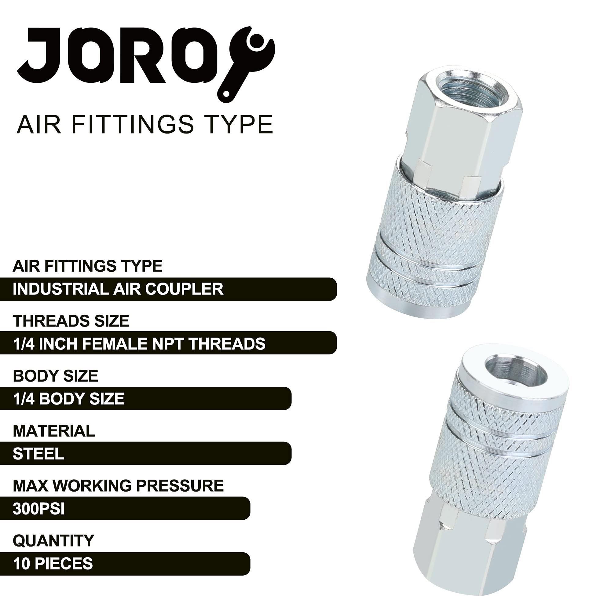 Joroy 1/4 Air Hose Fittings, Industrial M Type Coupler, 1/4 Inch Flow Size, 1/4 Inch Female Threads Size, Steel Material, 300Psi