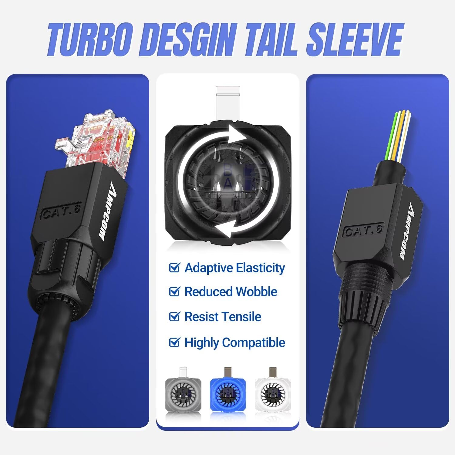 Ampcom Cat6 Tool Free Rj45 Connector Utp Field Termination Modular Plug For 23 26 Awg Unshielded Ethernet Cable (Black, 6 Pack)