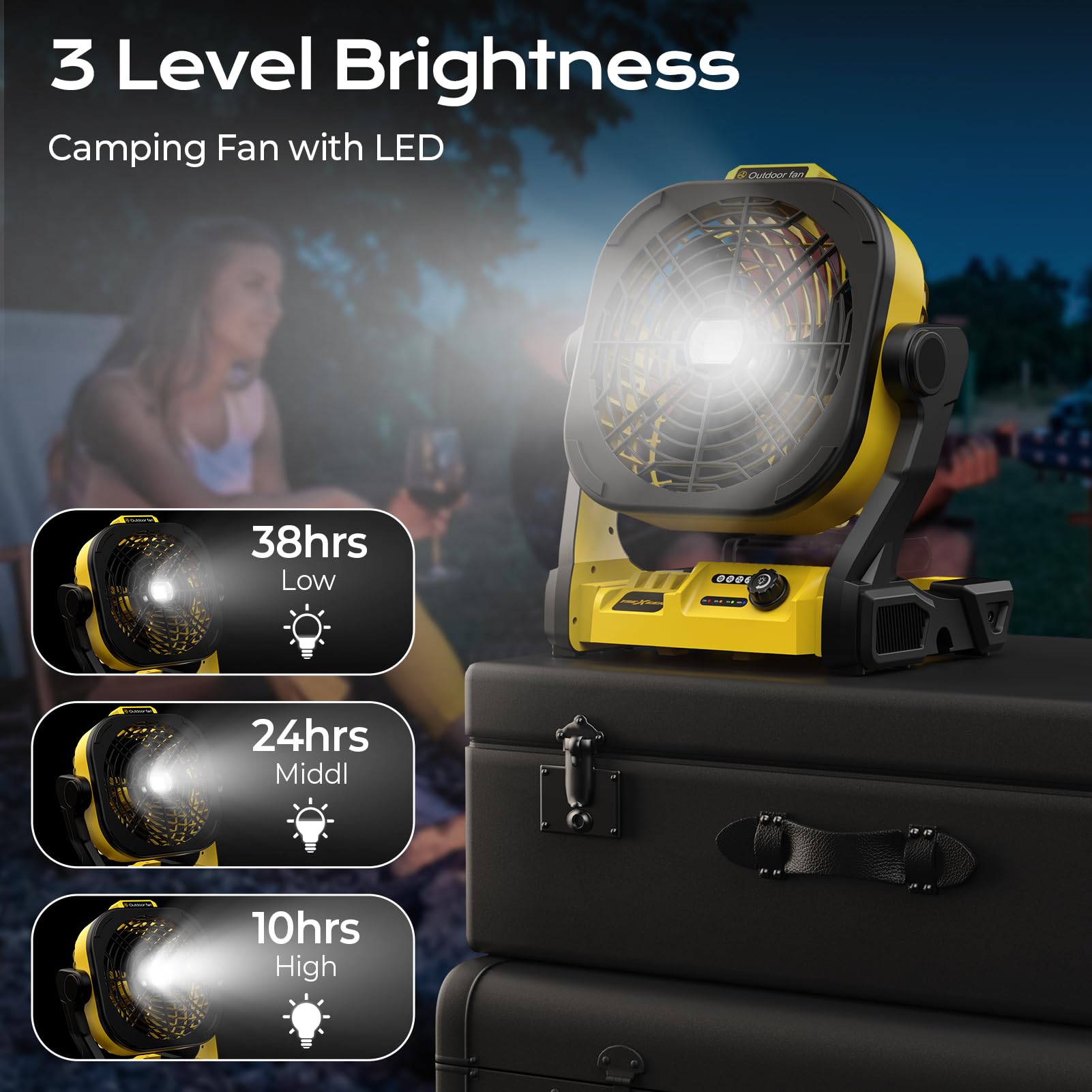 Trexeen Battery Operated Fan For Dw 20V Max Battery, Portable Fan With Ac Adapter & Led Lights, 4 Speeds & Hook, Cordless/Campin