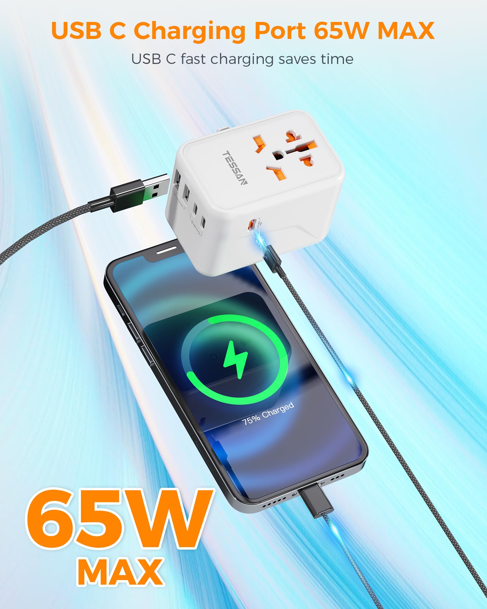 Tessan Universal Travel Adapter Worldwide, Gan 65W International Plug Adaptor With 3 Usb C 2 Usb A Ports, World Power Adapter Fo