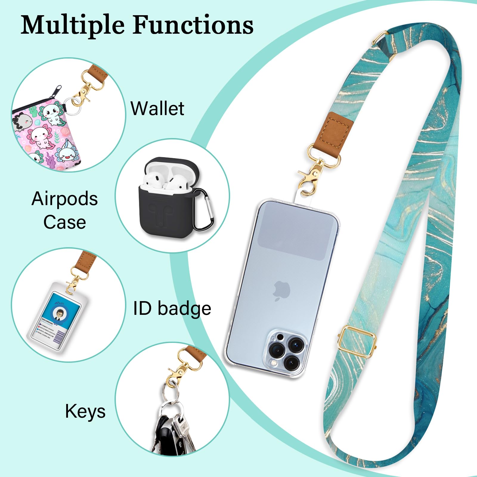 Piefly Phone Lanyard Crossbody Wrist Strap, Green Marble Cell Phone Lanyards For Around The Neck Wristlet Shoulder, Adjustable P