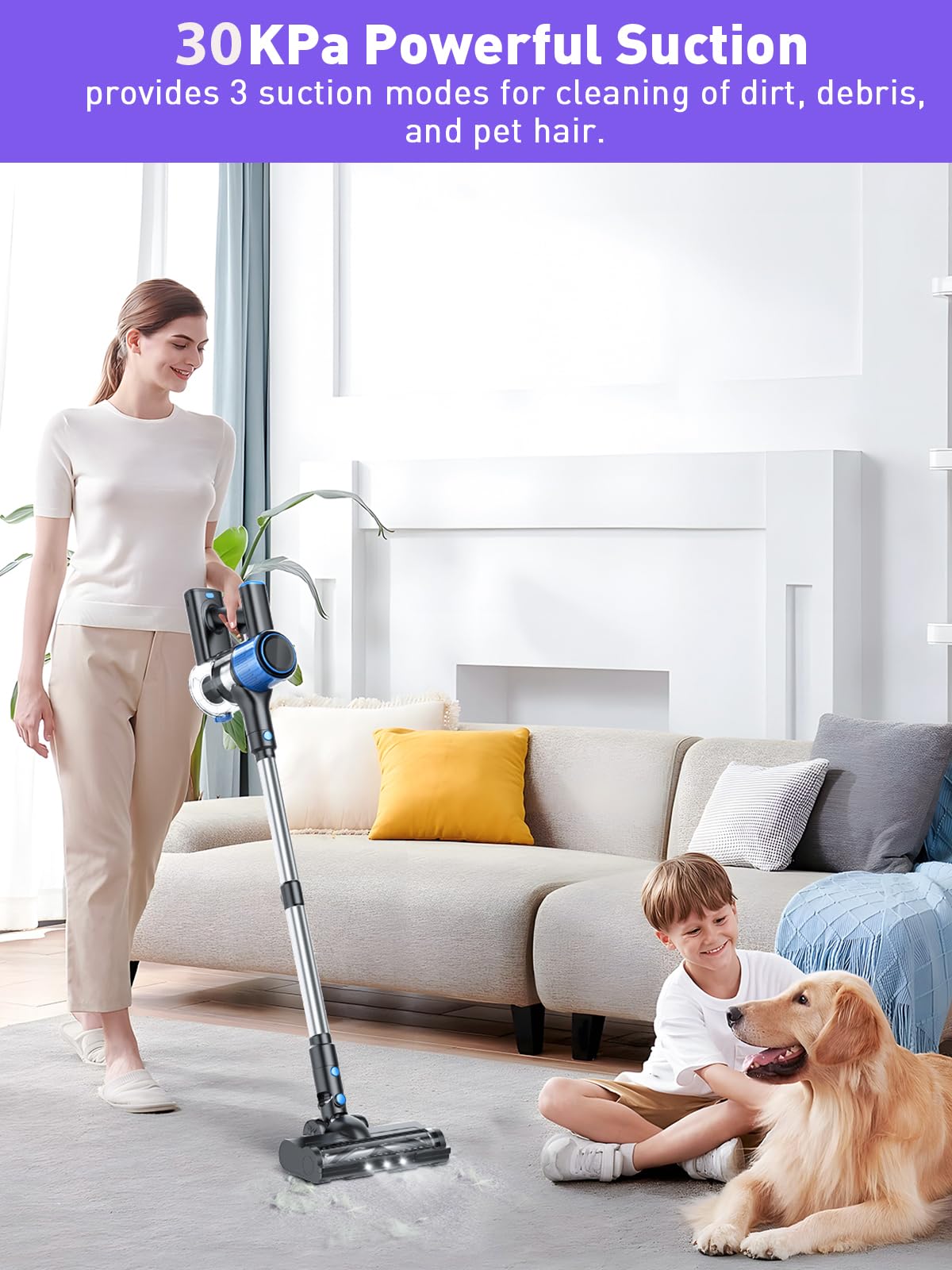 Cordless Vacuum Cleaner, 30Kpa 8 In 1 Stick Vacuum With Led Display & 3 Cleaning Modes, 40 Minute Runtime & Detachable Battery,