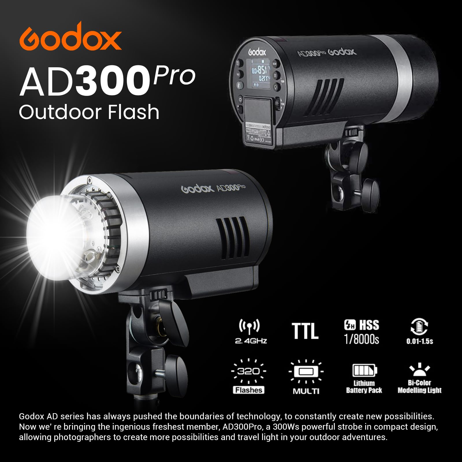 Godox Ad300 Pro Ad300Pro Outdoor Flash Strobe Light, 2.4G 300Ws Hss 1/8000S Studio Flash Monolight, 2600Mah Lithium Battery, 12W