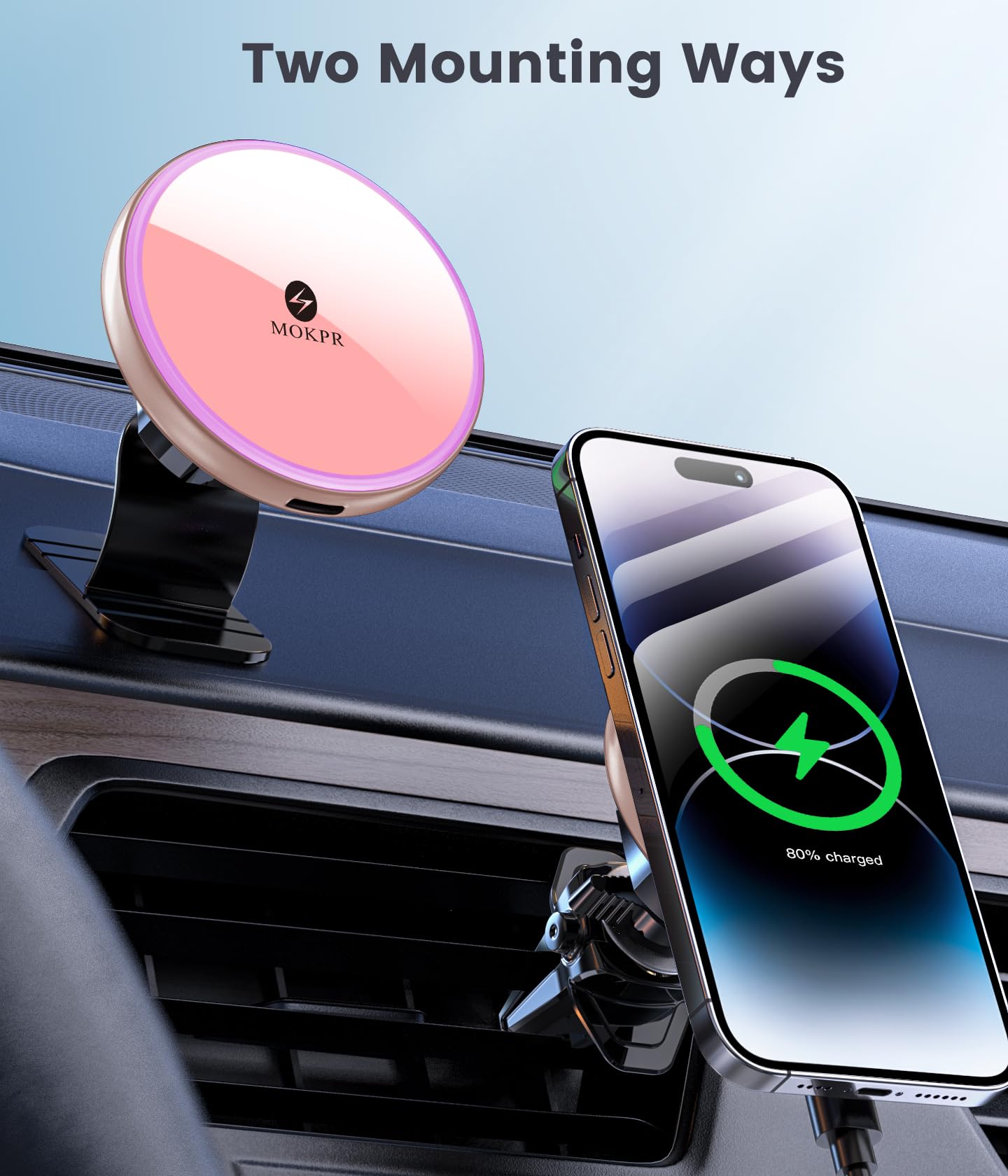 Mokpr For Magnetic Car Mount Charger-15W Wireless Car Charger-Magnetic Car Phone Holder For Dash Air Vent-Led Rgb Handsfree Car