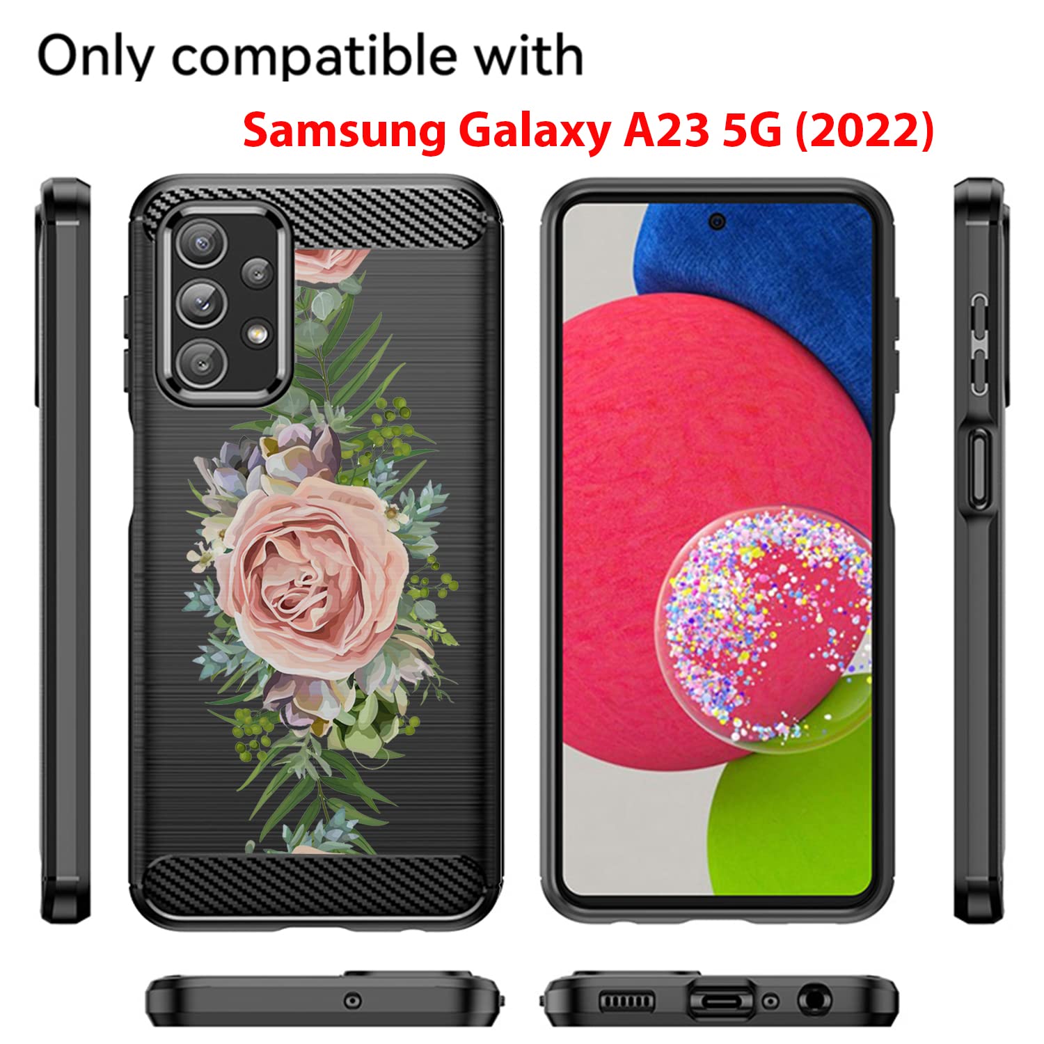CasesOnDeck Phone Case Compatible with Samsung Galaxy A23 5G / A23 Tribal Floral Matte TPU Flexible Carbon Fiber Textured Pink Rose