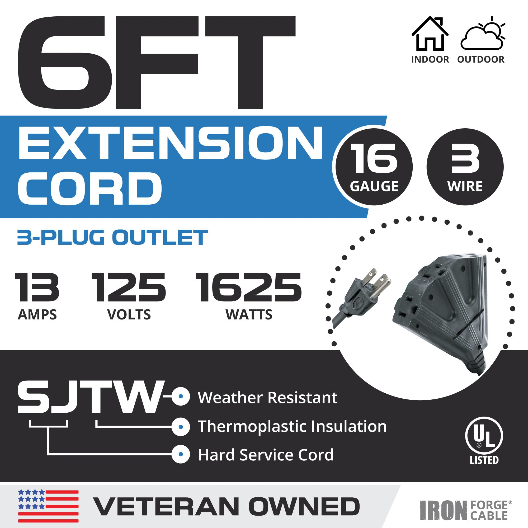 Iron Forge Cable 3 Outletoutdoor Extension Cord 6 Ft, 16/3 Sjtw Black Extension Cord With Multiple Outlets 3 Prong, 13 Amp Heavy