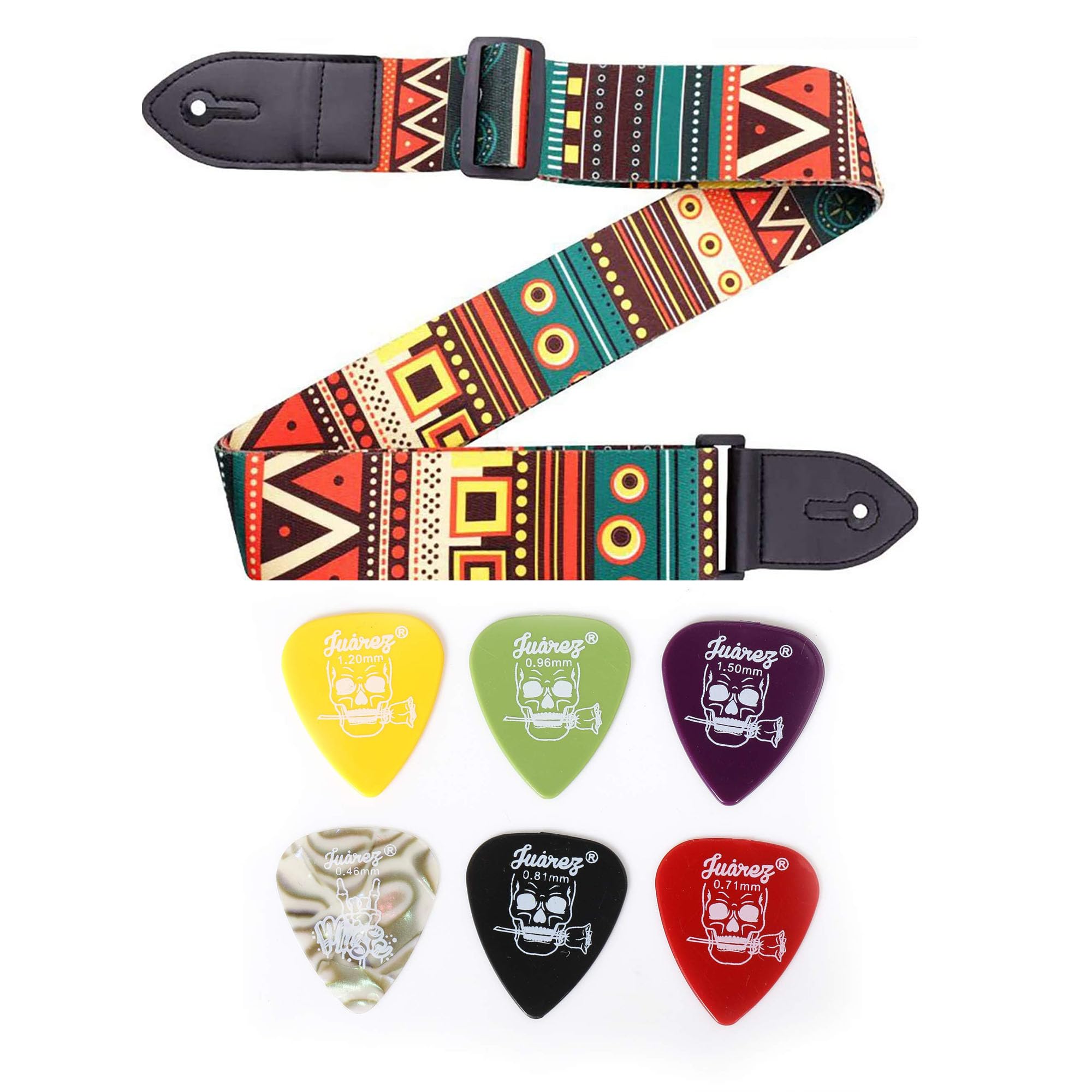 Juarez Guitar Strap Combo  Retro Ethnic Green Strap With Jap60 Plectrum Set (6 Picks)