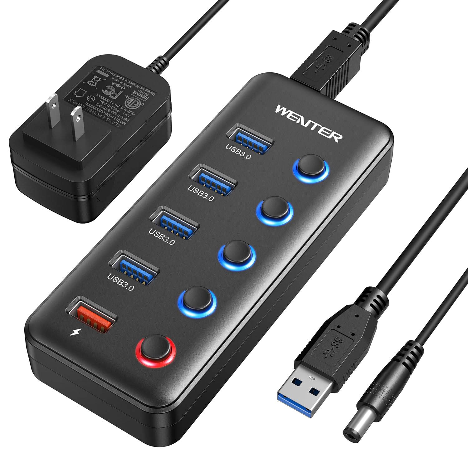 Powered Usb Hub, Wenter 5 Ports Usb 3.0 Hub (4 Data Transfer Ports+ 1 Smart Charging Port) With Individual Led On/Off Switches, Usb Hub 3.0 Powered With 15W Power Supply For Pc, Mac