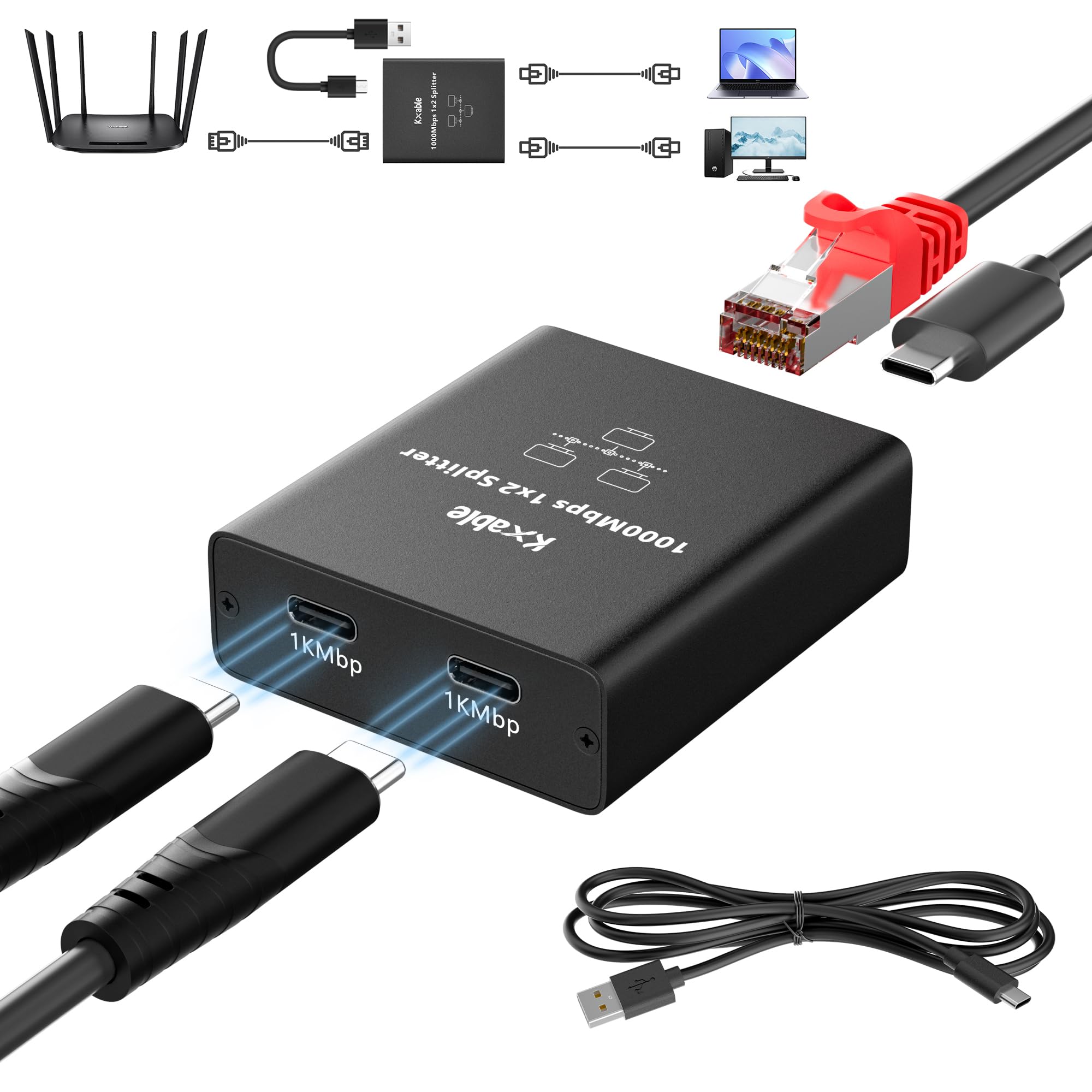 Ethernet Splitter 1 To 2 Out (Double Usb C Port), Upgrade Design Rj45 Splitter With Usb Power Cord, Gigabit Lan Internet Adapter