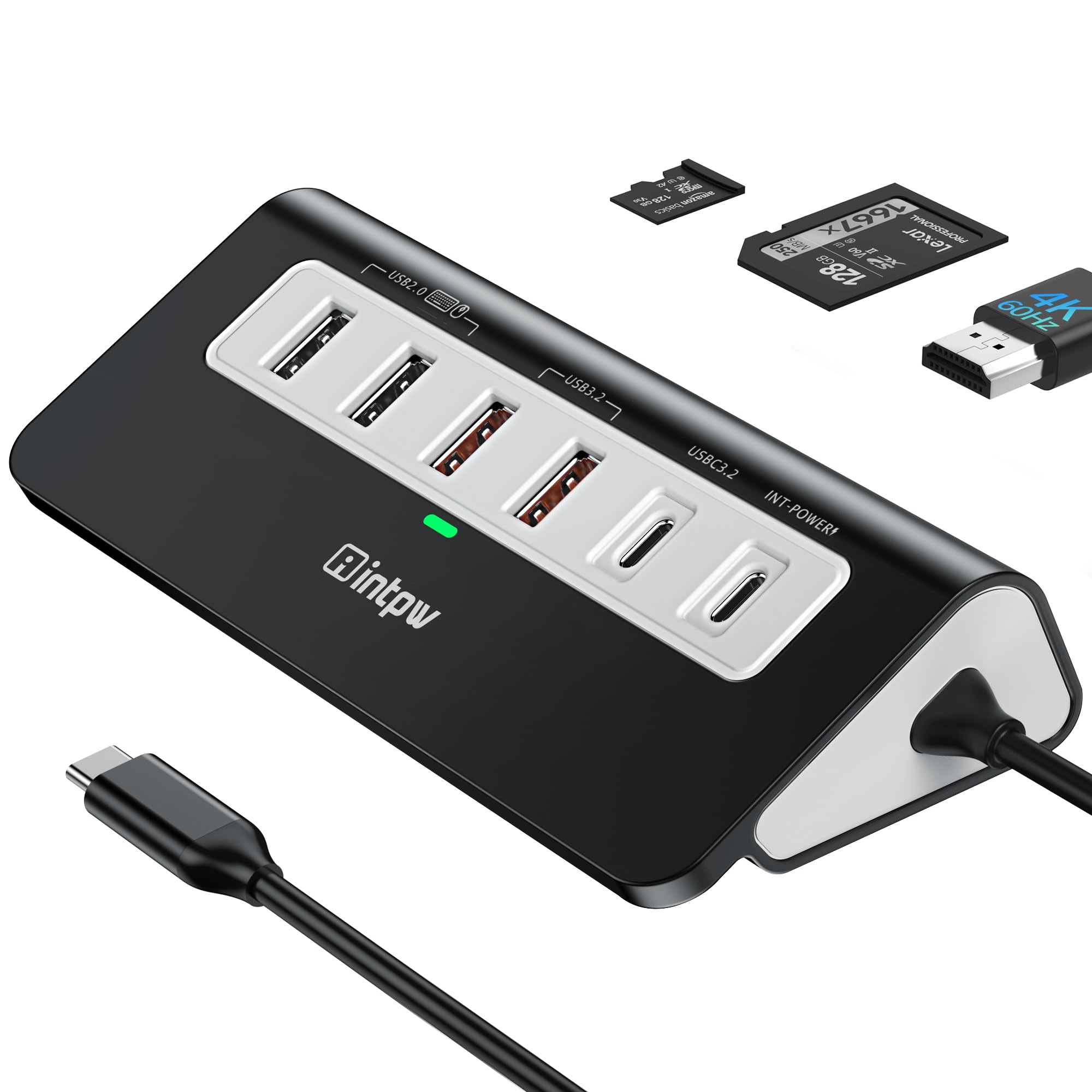intpw USB C Hub 10Gbps, 9-in-1 USB C Docking station with 4K@60Hz HDMI, Type-C & 2 Type-A 3.2, 2 USB-A 2.0, PD 100W, SD/TF Port,