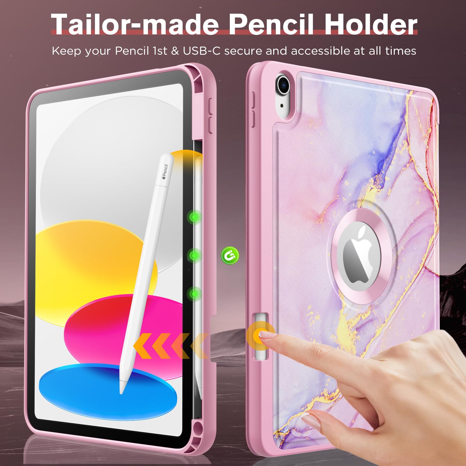 MoKo for iPad (A16) 11th Generation 2025 11 inch/10th Generation 10th 2022 10.9 inch Case with Pencil Holder, Smart Trifold iPad Case with Soft TPU Back Stand Cover, Auto Wake/Sleep, Pink Gold Marble