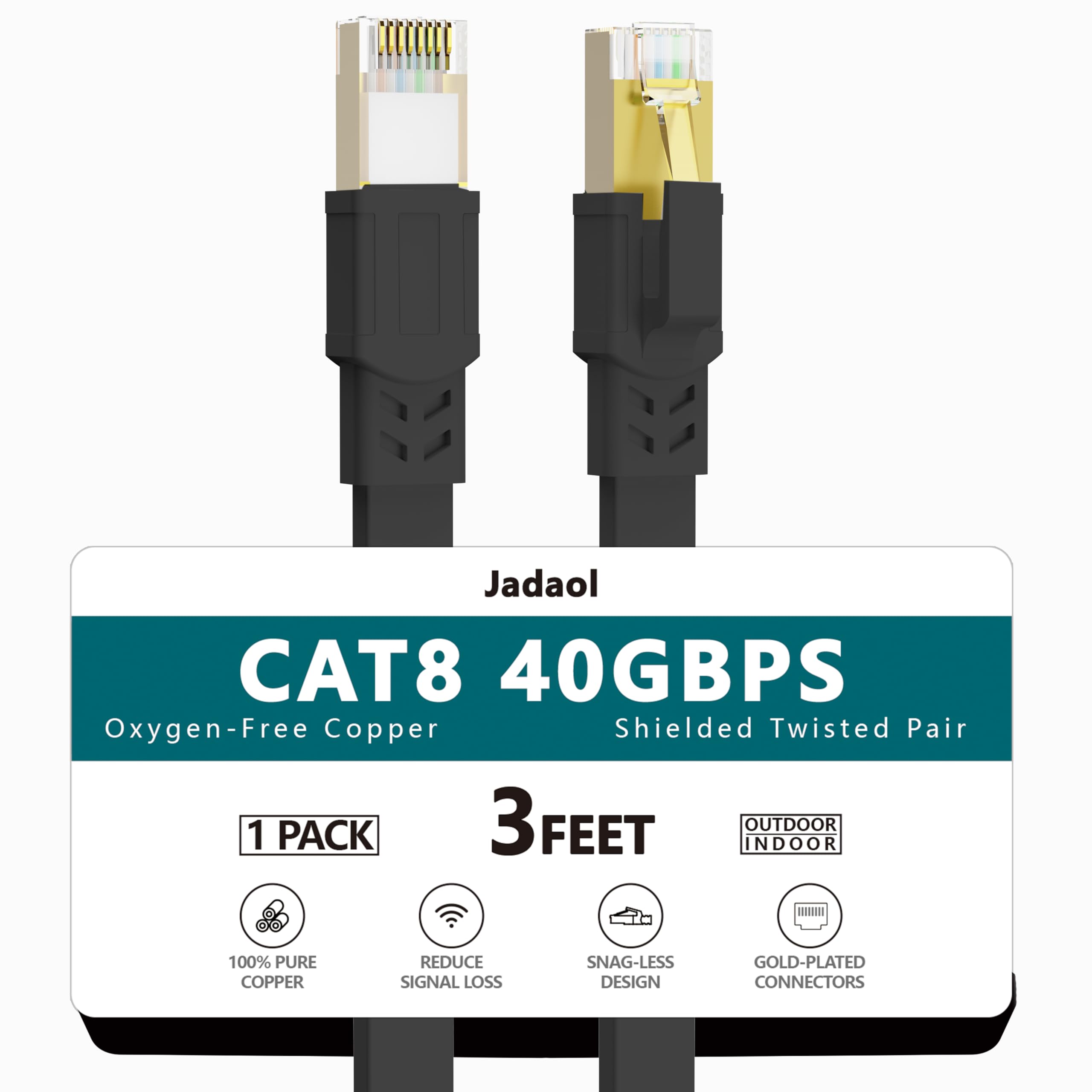 Cat8 Ethernet Cable, Outdoor&Indoor, 3 Ft Heavy Duty High Speed Cat 8 Lan Network Cable, 40Gbps 2000Mhz Rj45 Flat Internet Compu