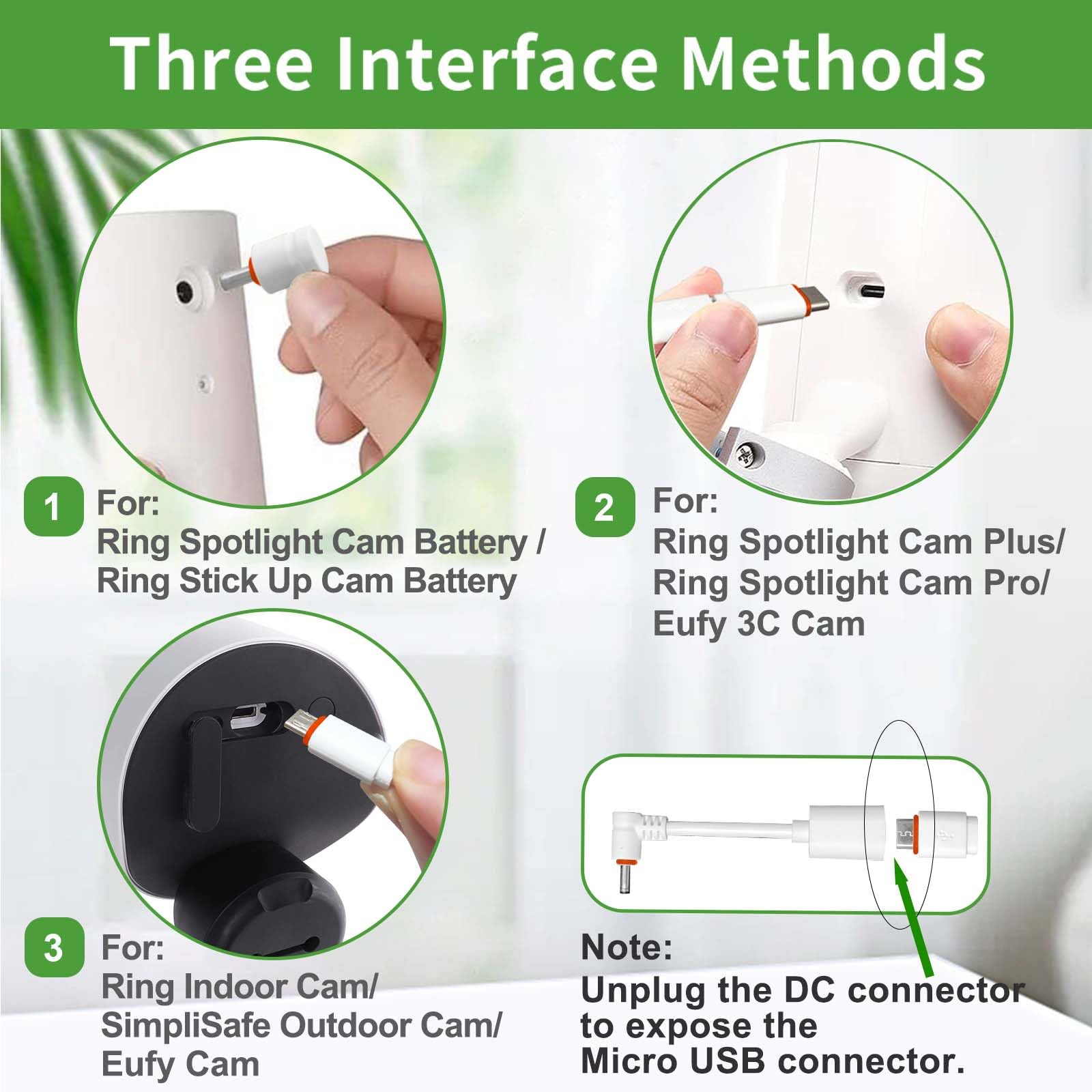 26Ft Power Cord With Adapter For Ring Camera, Ring Spotlight Cam Plus/Pro/Battery, Ring Stick Up Cam Battery, Simplisafe, Eufy,