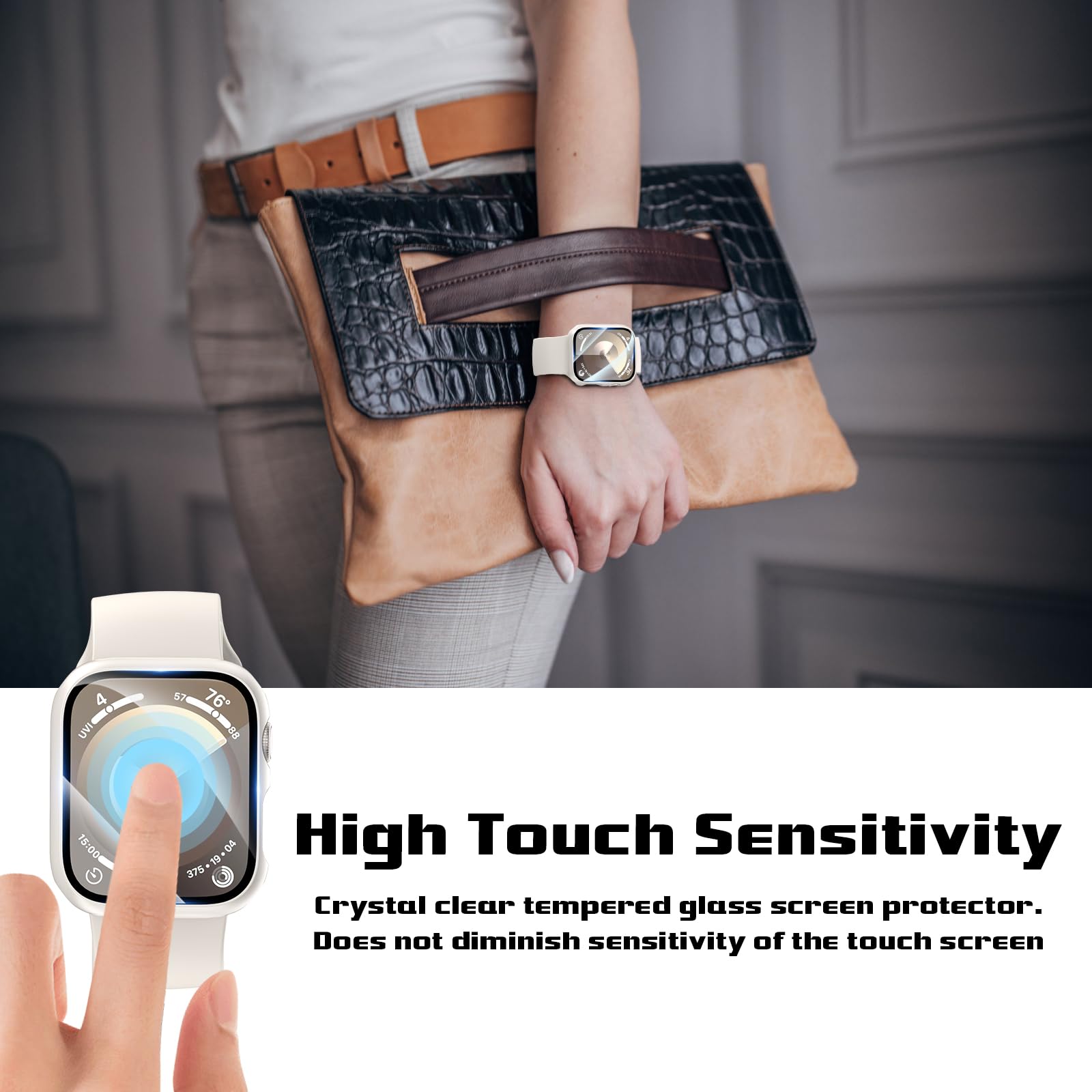 Ewuonu 2 Pack Hard Pc Case For Apple Watch Series 9 Series 8/7 45Mm Screen Protector, Tempered Glass Film Bumper Anti Scratch Hd