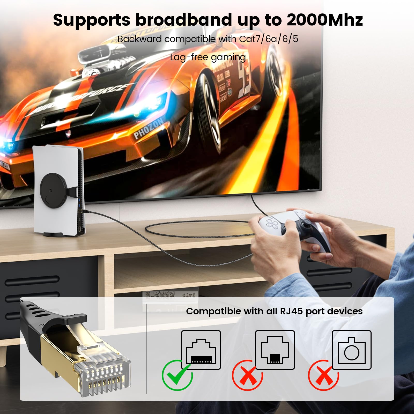 Mogood Cat 8 Ethernet Cable, 5M 40Gbps/2000Mhz Flat High Speed Network Cable, Stp Rj45 Gigabit Gold Plated Patch Cable Cat 8 Lan Internet Cable For Ps4/5, Xbox, Modem