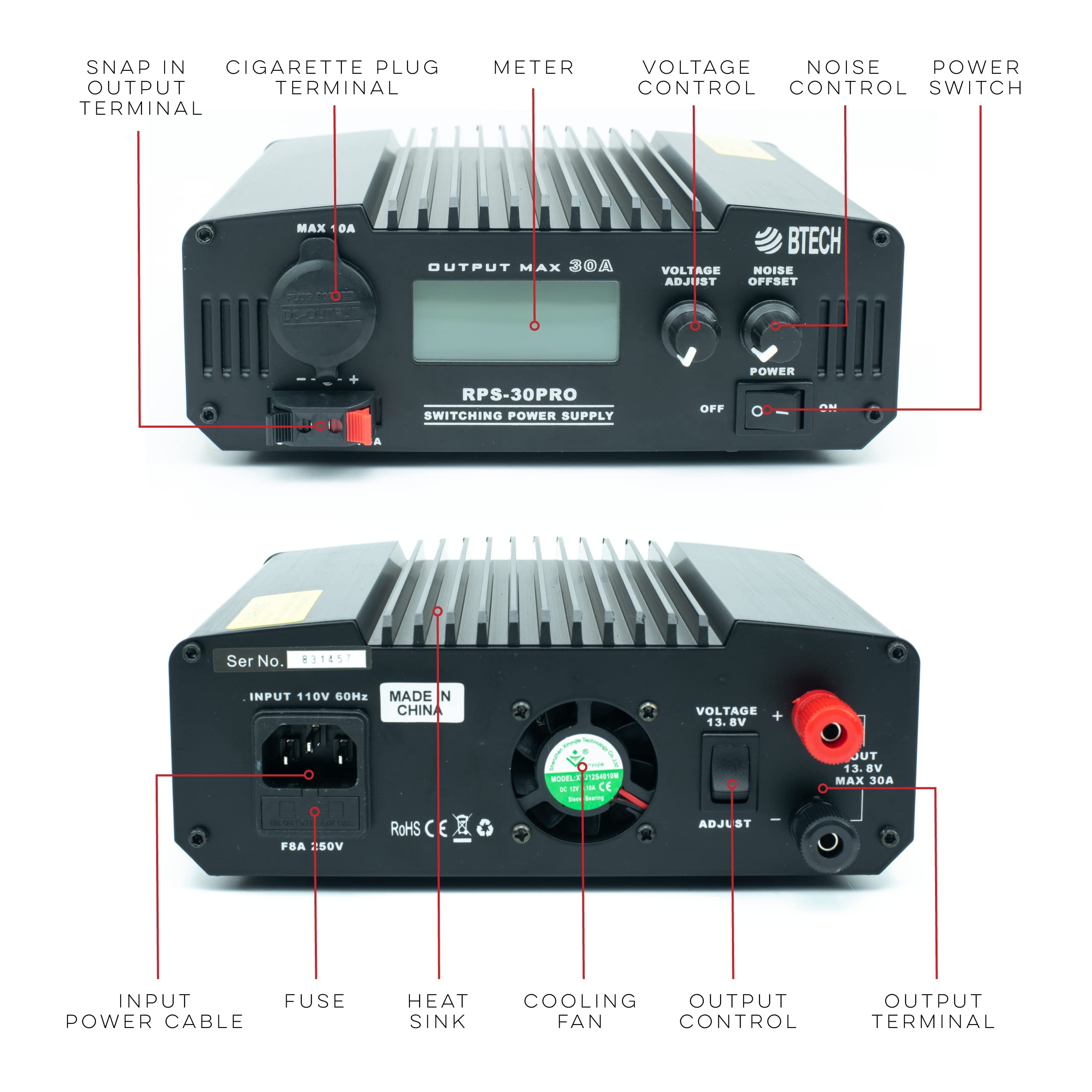 Btech Rps 30Pro 30 Amp Regulated Universal Compact Bench Power Supply, Ac To Dc Power Convertor, 13.8V (9~15Vdc Adjustable) With