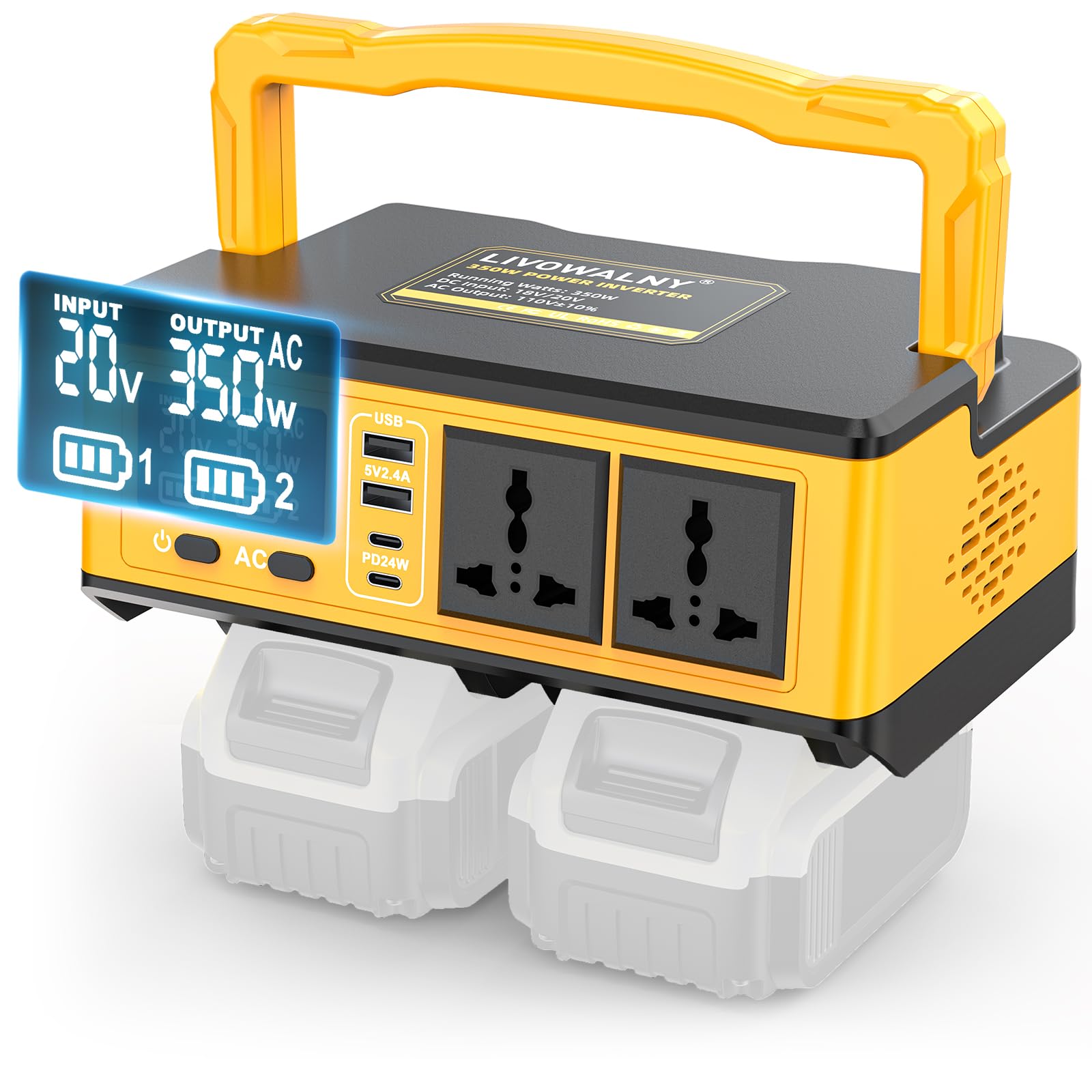 350W Power Station Compatible with Dewalt: LIVOWALNY Portable Generator DC 20V to AC 110-120V Power Inverter Battery Adapter Pho