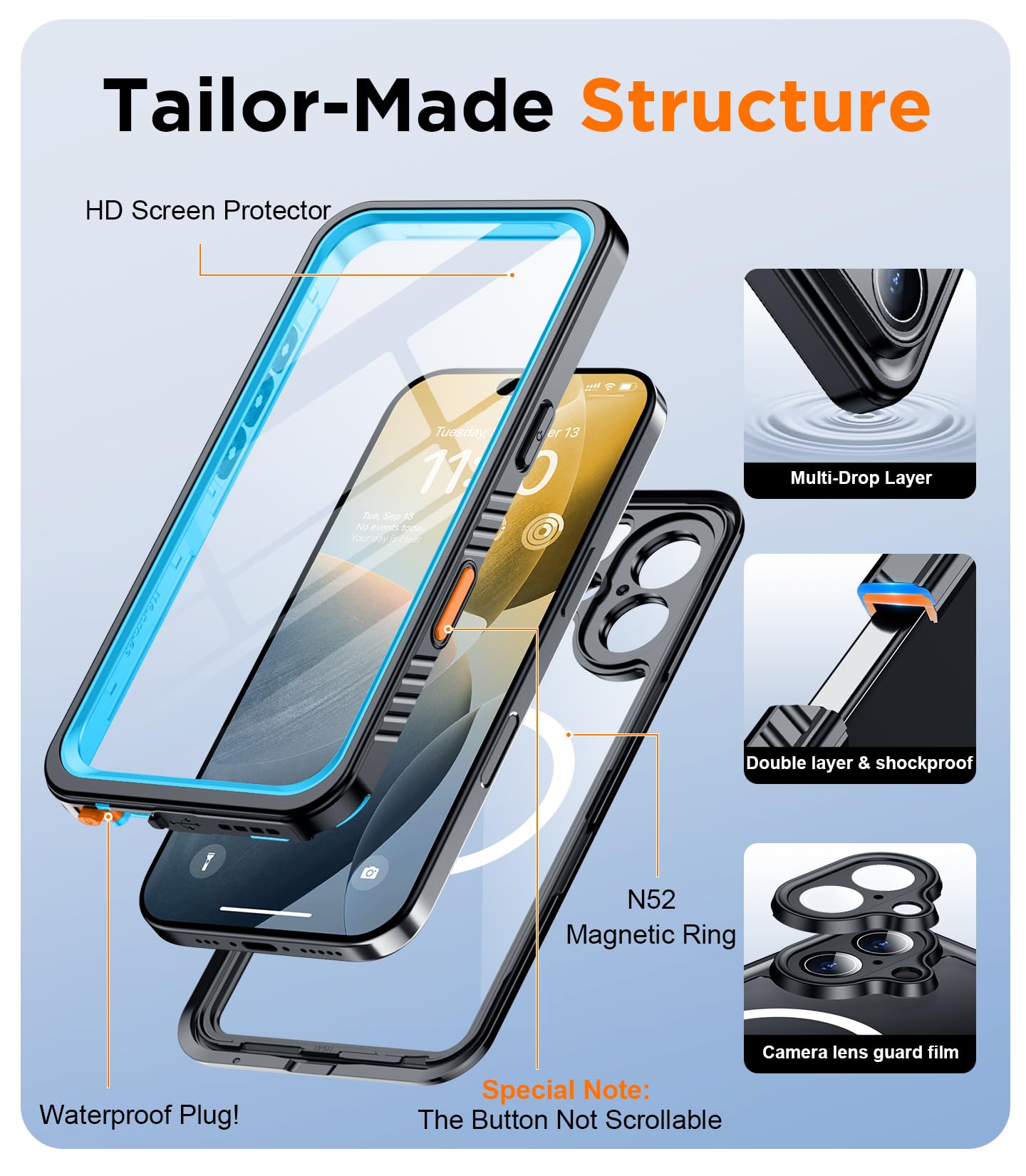 Temdan Magnetic For Iphone 16 Case Waterproof,Built In Screen Protector[Ip68 Underwater][Upgrade Military Dropproof][Compatible