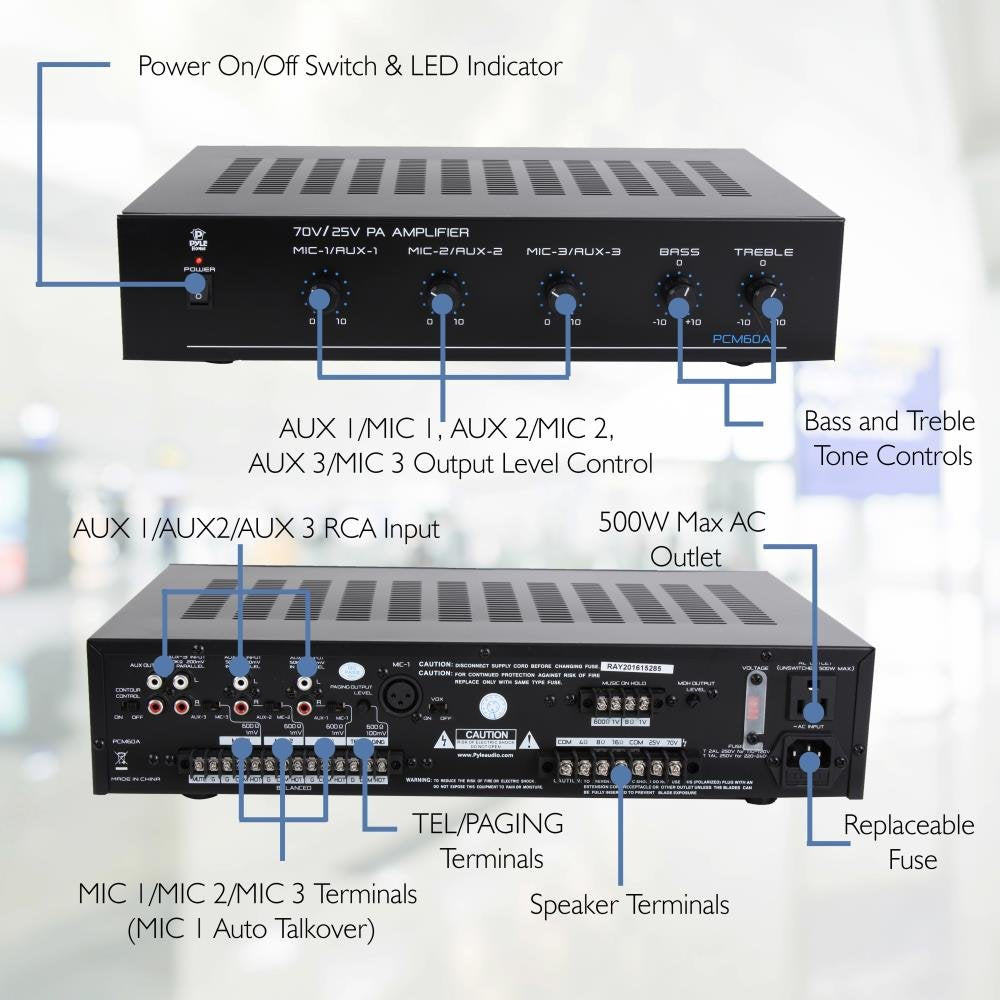 Pyle Compact Mini Home Power Amplifier - 100W Smart Indoor Audio Stereo Receiver W/ Rca, 3 Microphone In, Aux, 25/70V Outputs, L