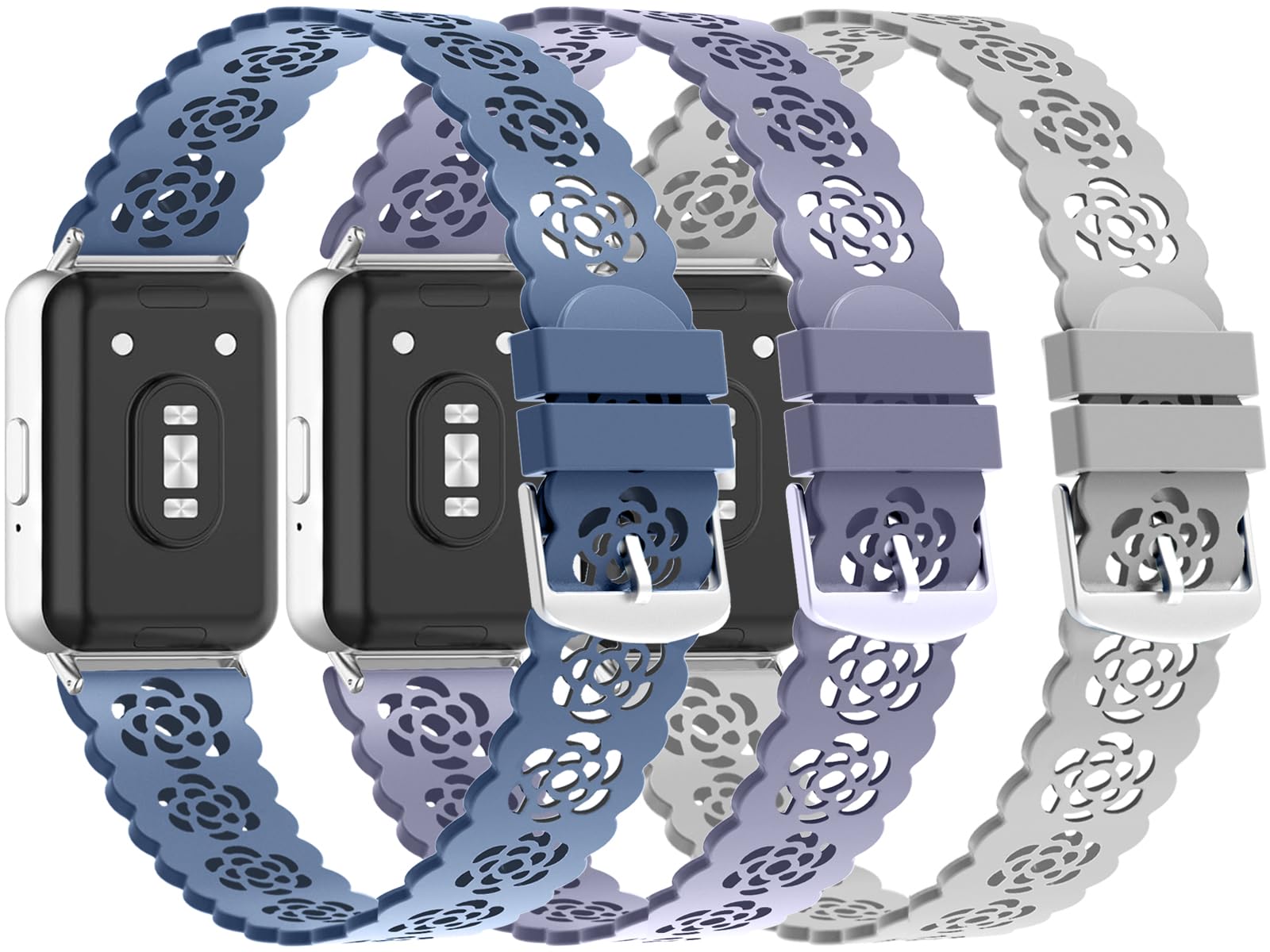 3 Pack Sport Bands Compatible With Samsung Galaxy Fit 3, Slim Lace Breathable Rose Hollowed-Out Soft Silicone Replacement Straps