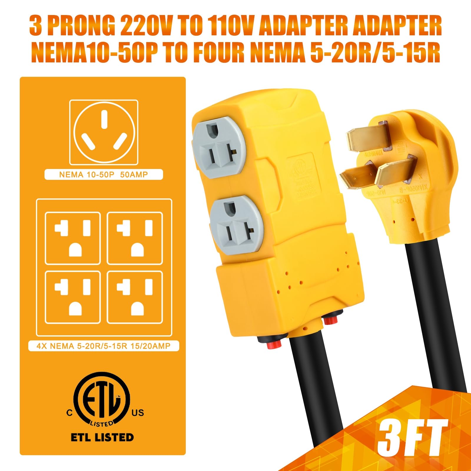 Tellegloww 220 To 110 Adapter Compatible With Nema 10 50P To 4X 5 20R/15R With 20 Amp Circuit Breaker, 220/250V Electrical Stove