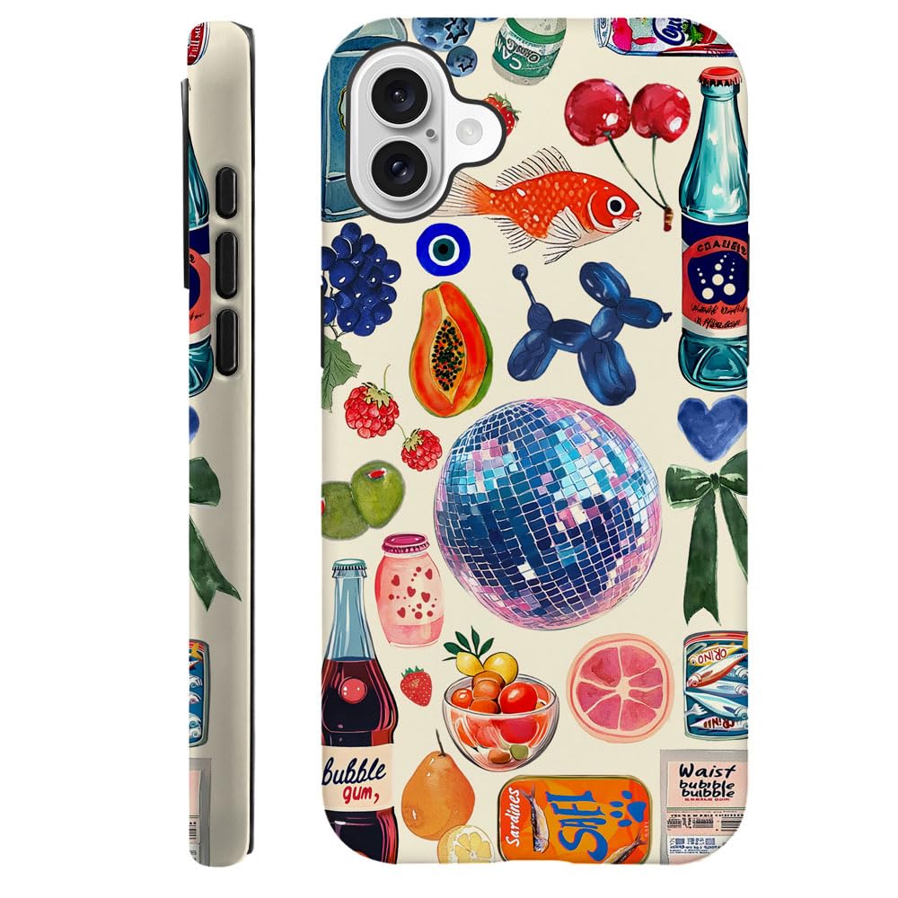kiritfox Case Compatible with iPhone 16,Hybrid 2-Layer Hard Shell,Shockproof Soft for Girl Women,European Fruit Bow Collage
