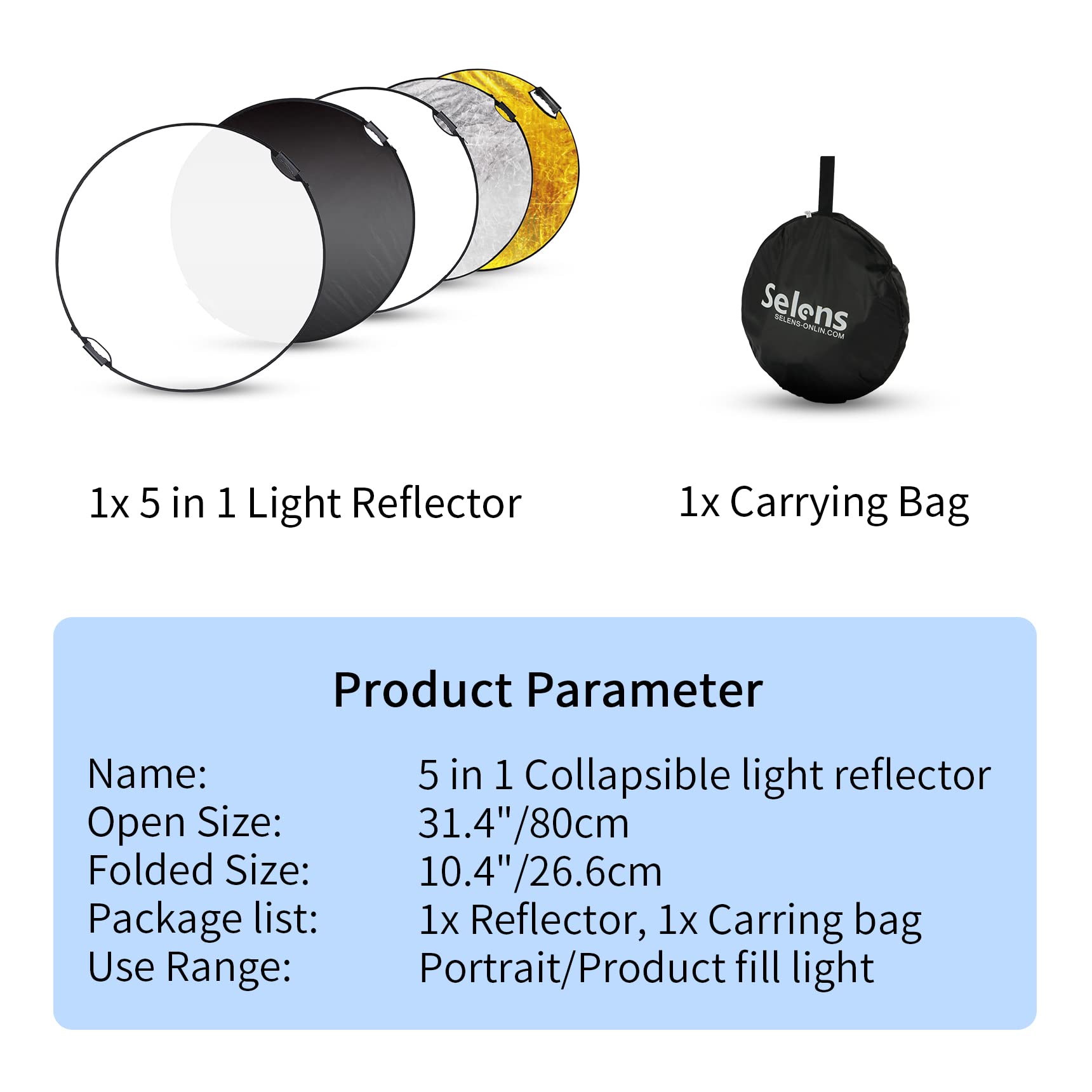 Selens 32 Inch (80Cm) Reflector Photography, Collapsible Light Reflector With Carrying Case, 5 In 1 Handle Reflector For Photogr