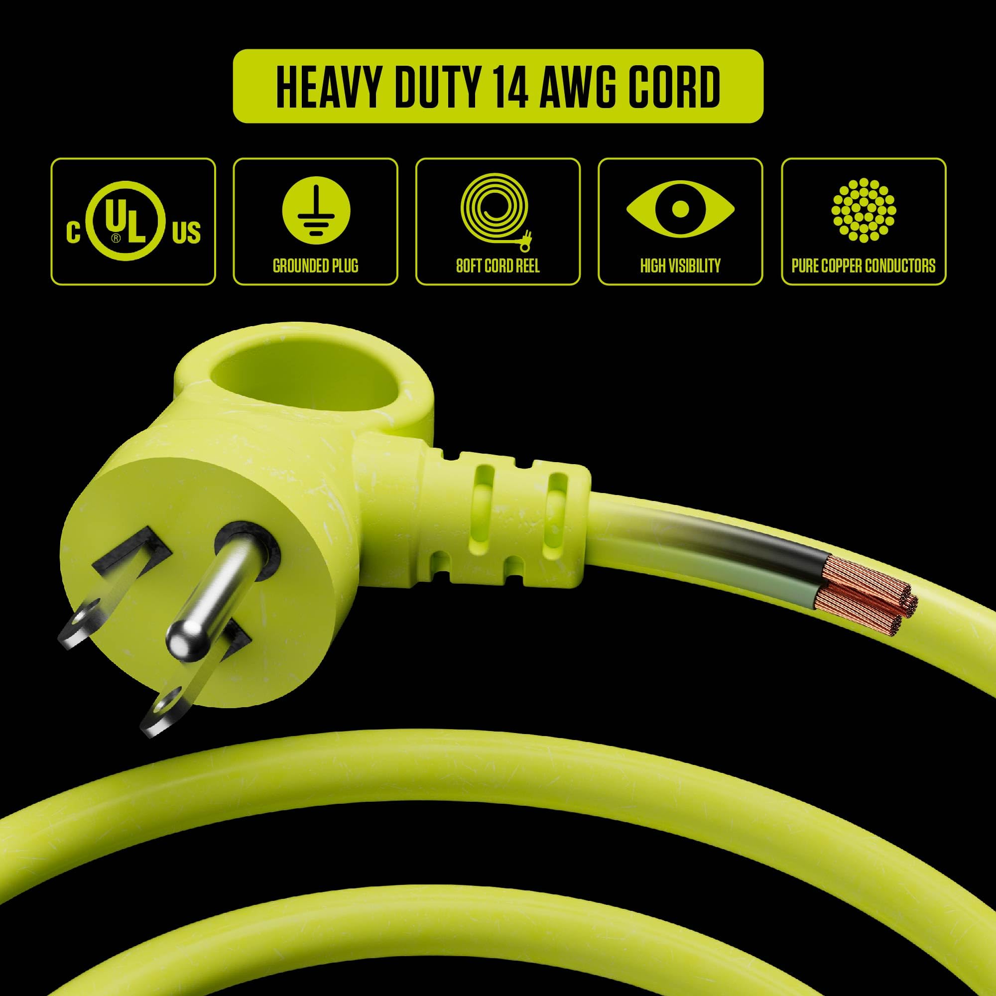 Masterplug 80Ft Cord Reel, Retractable Extension Lead With Winding Handle, Safety Overload Circuit Breaker And Power Switch, 4X