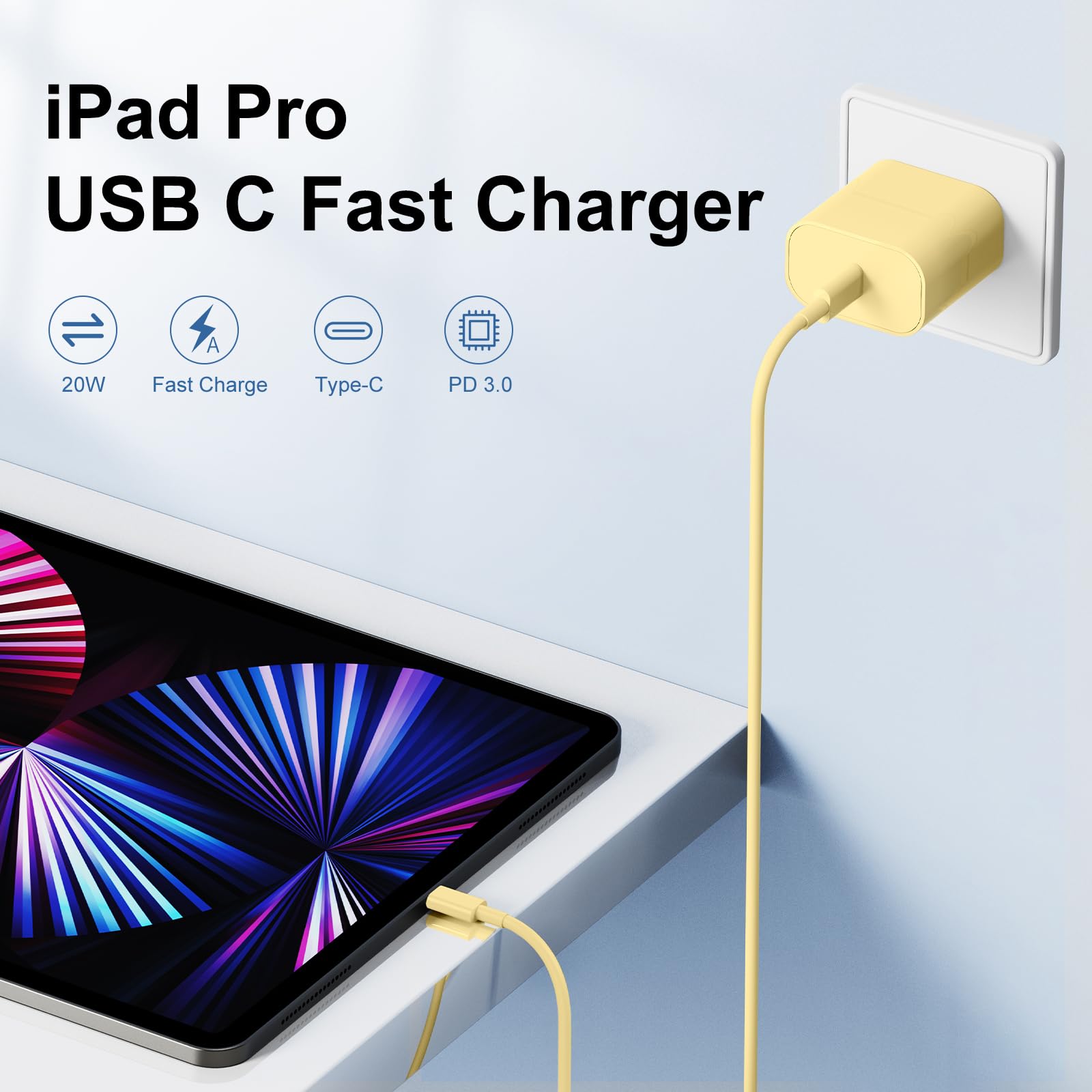 Susnwere Iphone 15 Charger 10 Ft With 20W Usb C Charger Block,2 Pack 20W Fast Wall Charger For 15/15 Pro/Pro Max/Ipad Pro Airpods/Samsung And More, With 2 Pack 10Ft Usb C Cable, Yellow