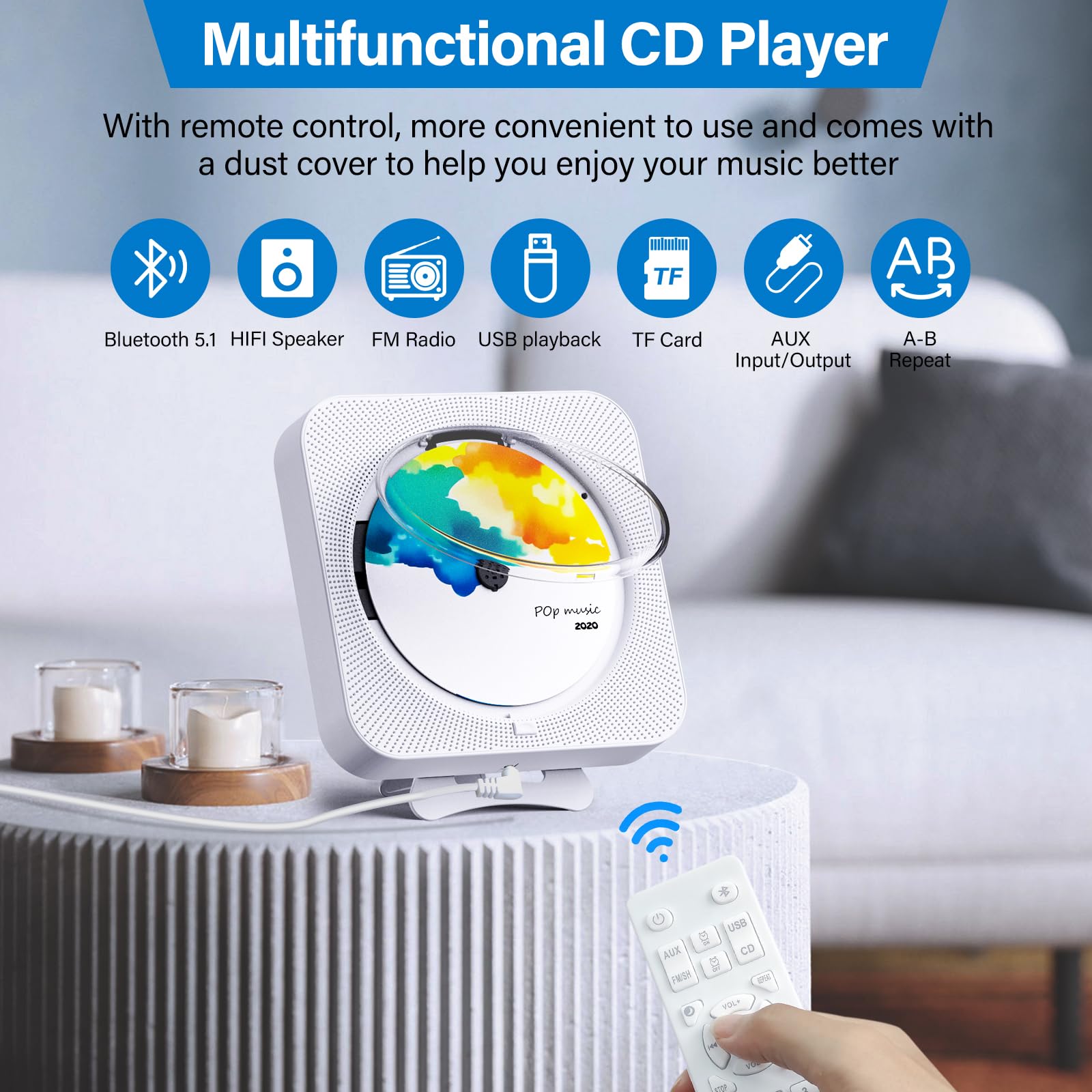 Envycloud Cd Player Portable Bluetooth Desktop Cd Player For Home, Built In Dual Speakers And Led Display With Remote Control, S