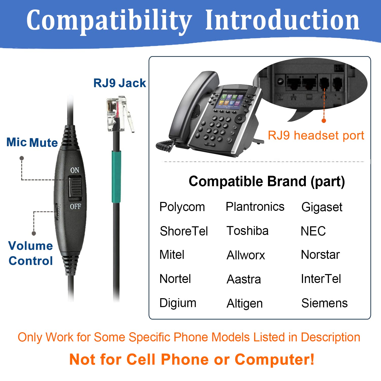 Rj9 Telephone Headset With Mic Noise Cancelling, Quick Disconnect Phone Headset Compatible With Polycom Voip Vvx310 Vvx311 Vvx41