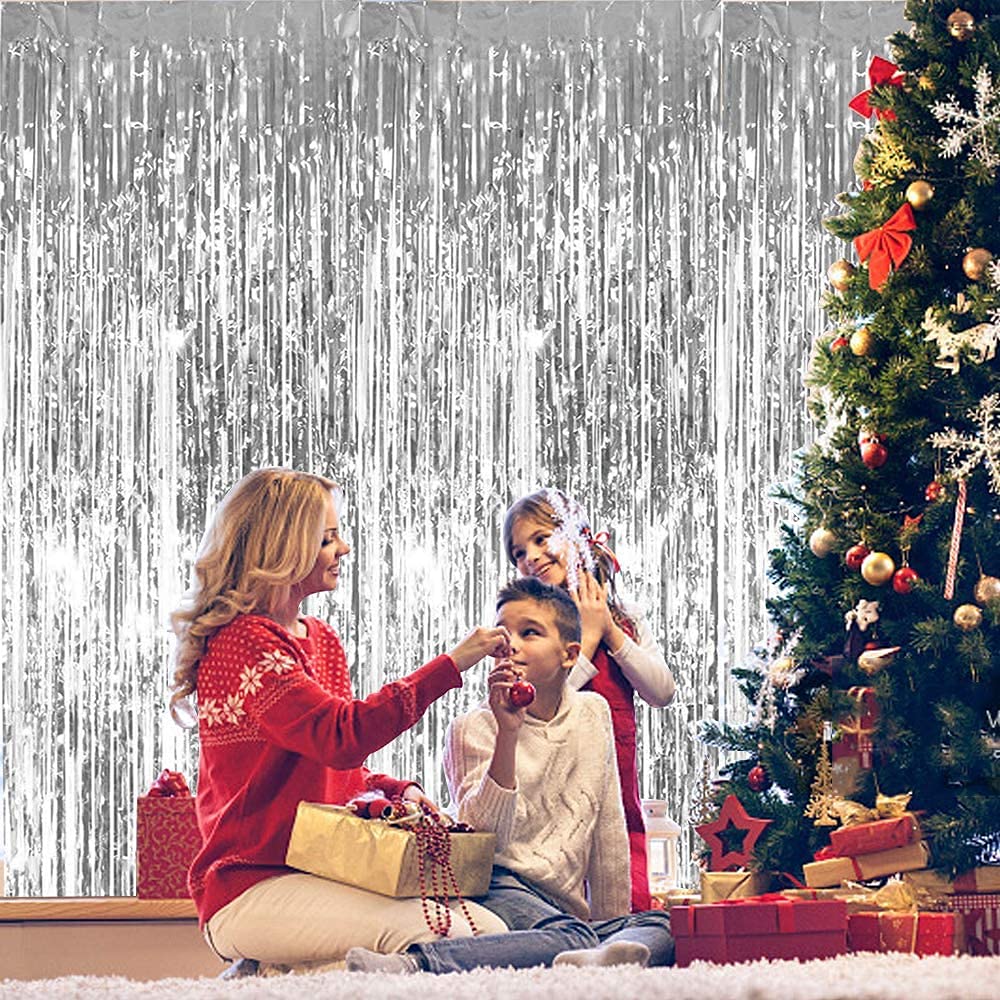 Toniful 3Pcs Silver Door Streamers,Silver Photo Booth Backdrop Metallic Streamers Silver Foil Fringe Curtains For Birthday,Chris