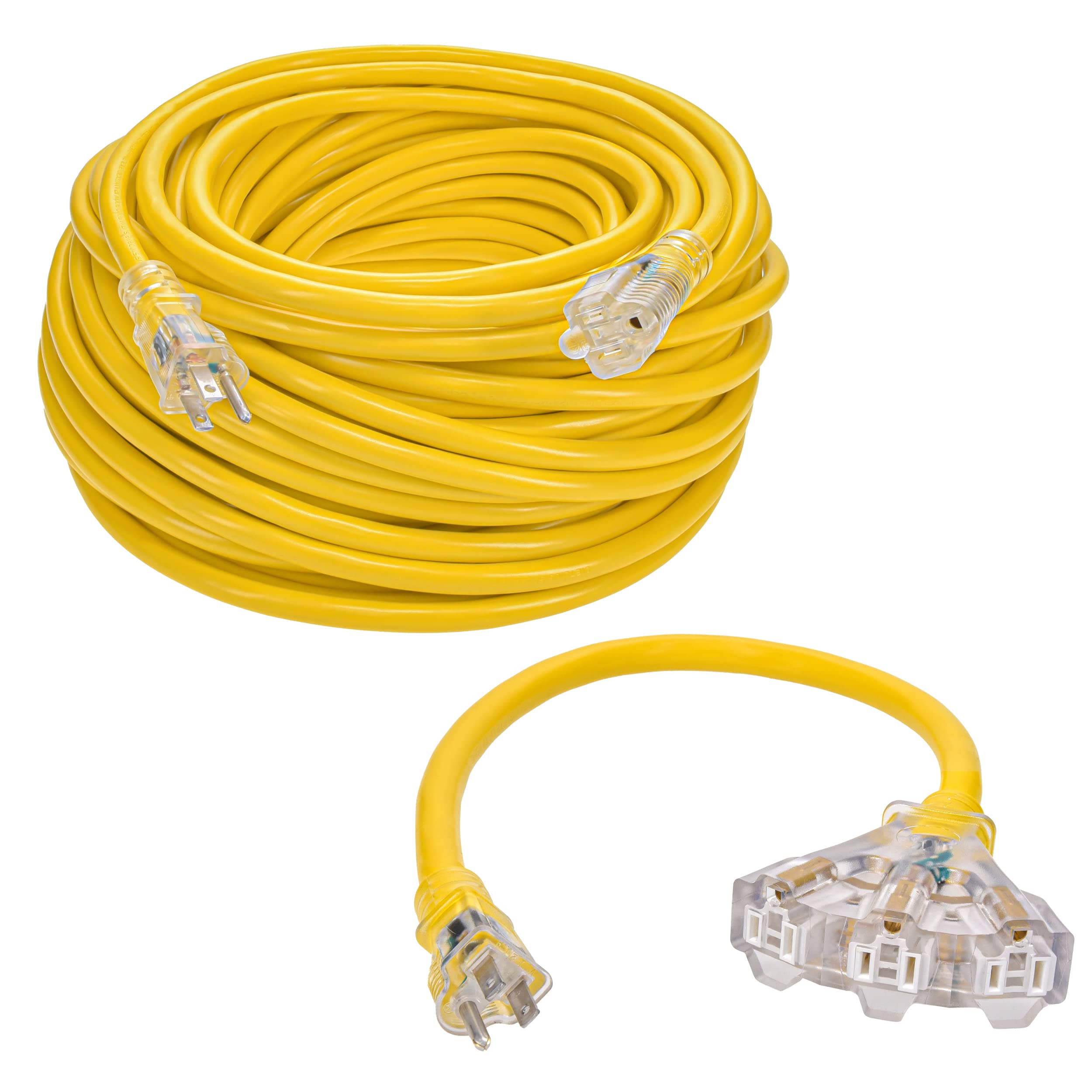 Clear Power 150Ft 12/3 Sjtw 15Amps Yellow Outdoor Extension Cord W/Power Indicator Light & 2Ft 12/3 Stw Yellow Outdoor 3 Outlet