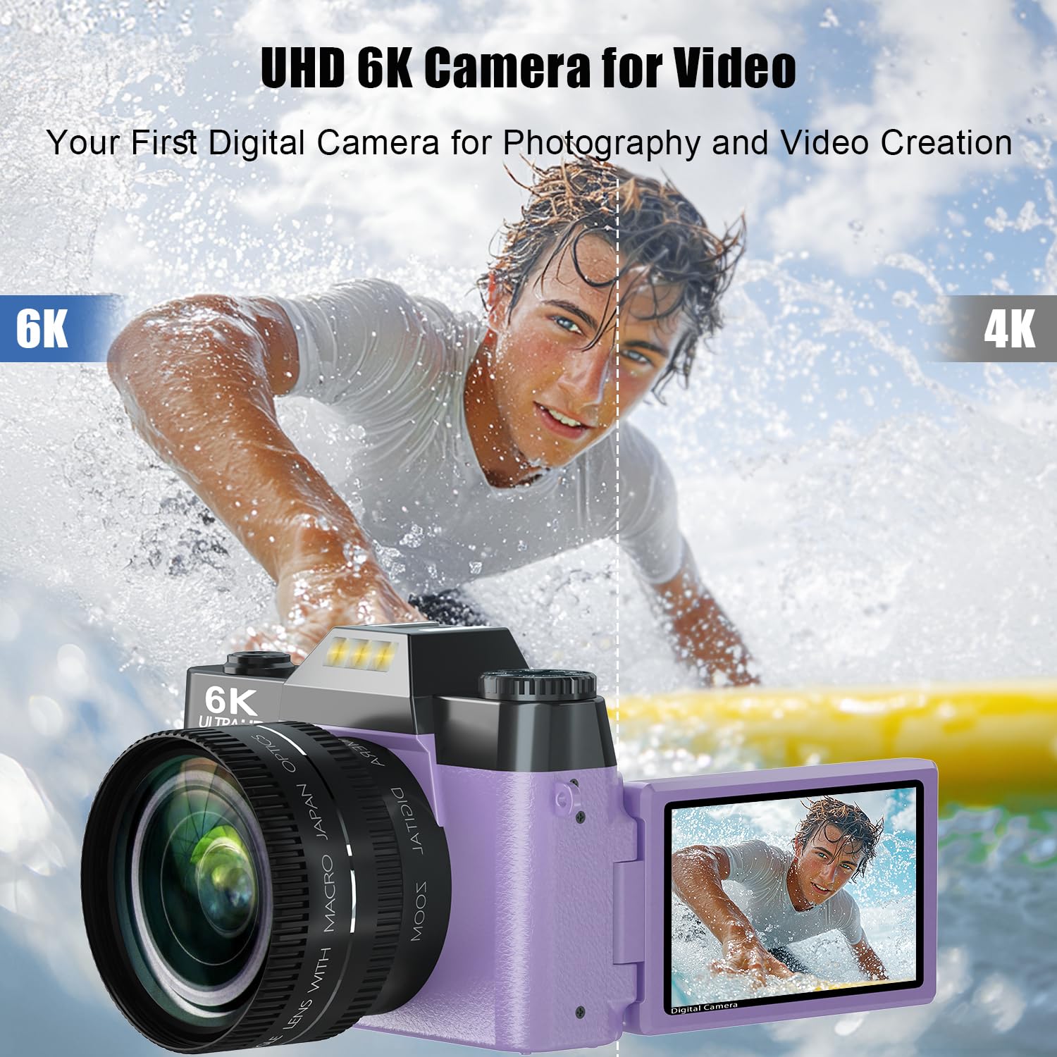 6K Digital Camera For Photography, 64Mp Vlogging Camera For Youtube With 3  180 Flip Screen, 16X Zoom Autofocus Compact Travel B